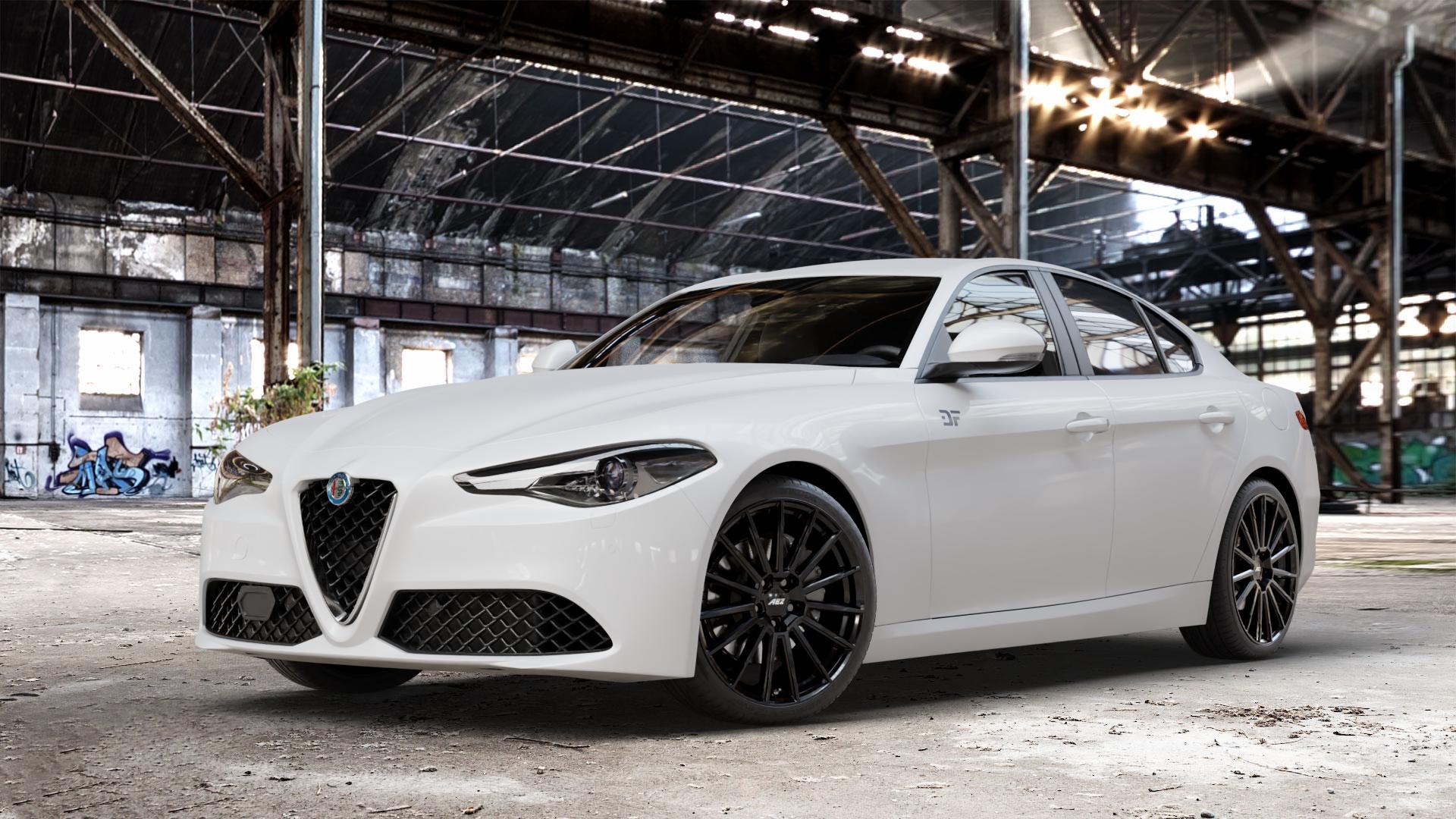 AEZ ATLANTA Black Felge mit Reifen schwarz in 19Zoll Winterfelge Alufelge auf weissem Alfa Romeo Giulia Typ 952 ⬇️ mit 15mm Tieferlegung ⬇️ Old Industrial Hall_max_4400mm_2024 Frontansicht_1