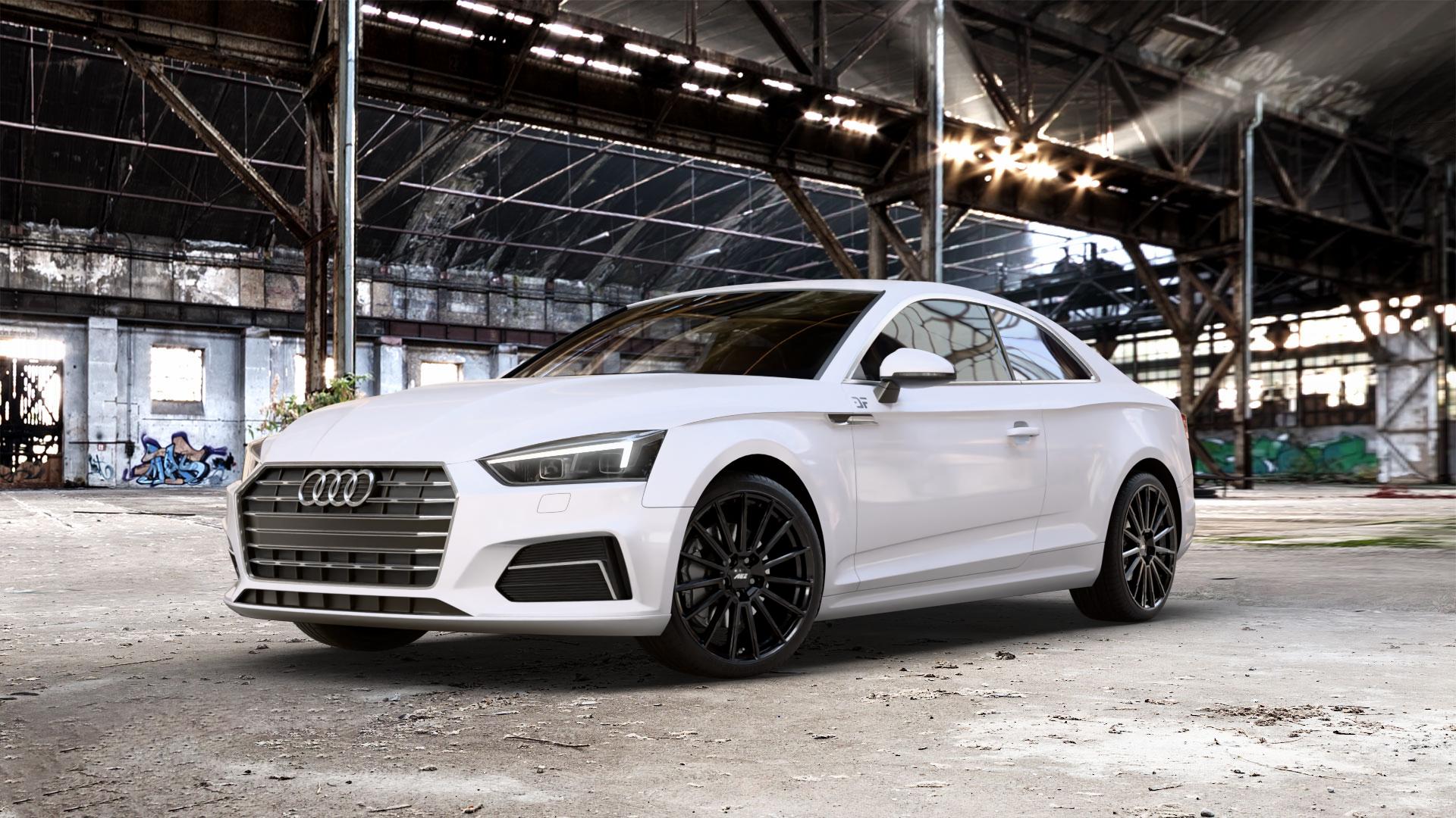 AEZ ATLANTA BLACK Felge mit Reifen schwarz in 19Zoll Winterfelge Alufelge auf weissem Audi A5 Typ B9 (Coupé) ⬇️ mit 15mm Tieferlegung ⬇️ Old Industrial Hall_max_5300mm_2024 Frontansicht_1