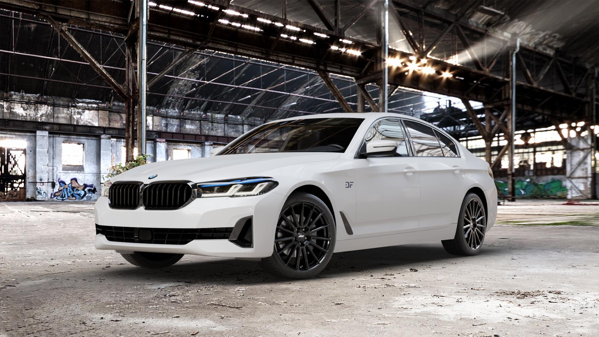 AEZ ATLANTA BLACK Felge mit Reifen schwarz in 19Zoll Winterfelge Alufelge auf weissem BMW 5er G30 Limousine (G5L) Facelift ⬇️ mit 15mm Tieferlegung ⬇️ Old Industrial Hall_max_5300mm_2024 Frontansicht_1