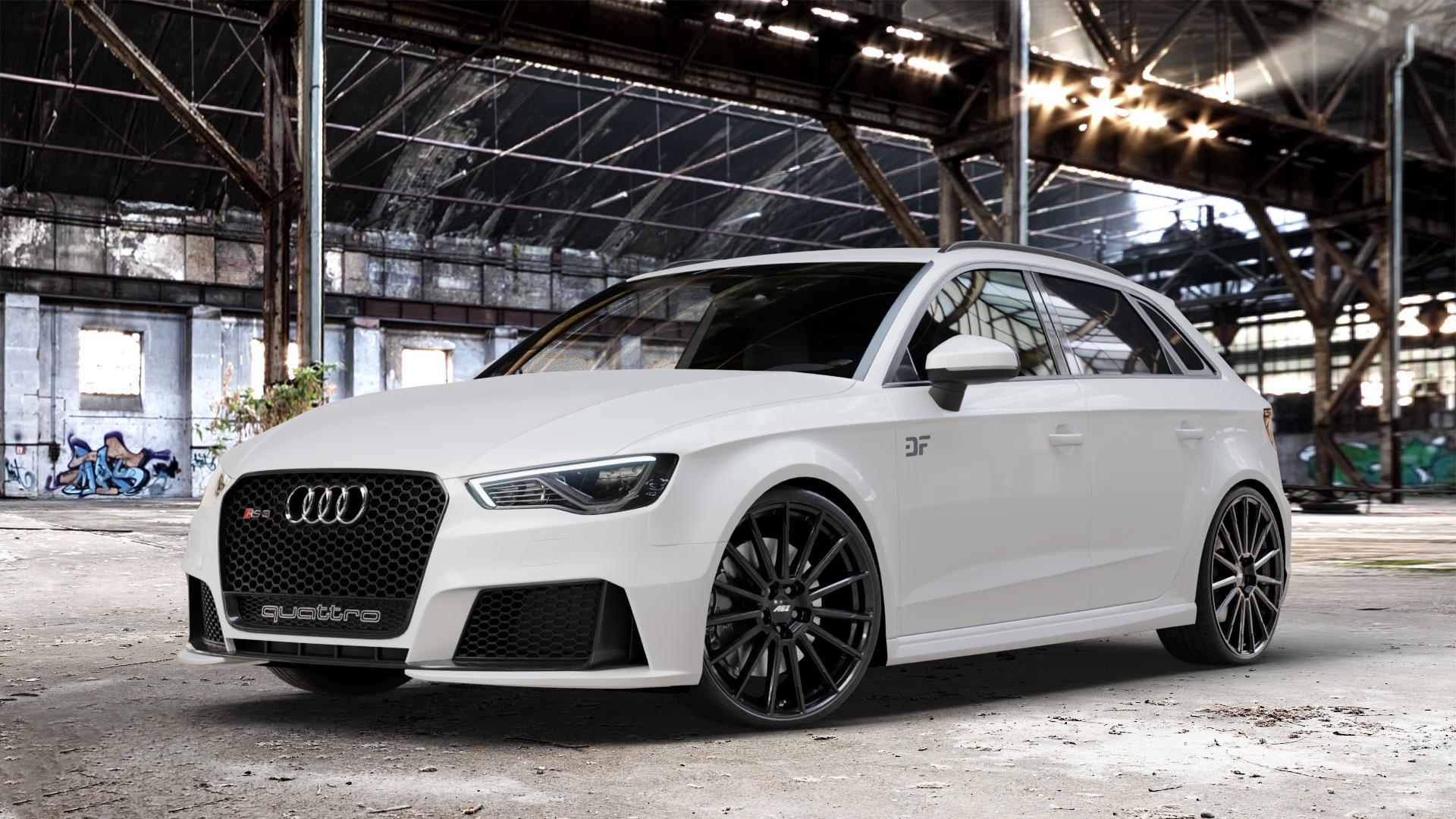 AEZ ATLANTA BLACK Felge mit Reifen schwarz in 20Zoll Winterfelge Alufelge auf weissem Audi A3 Typ 8V (Sportback) 2,5l TFSI quattro 270kW RS3 (367 PS) Facelift 294kW (400 ⬇️ mit 15mm Tieferlegung ⬇️ Old Industrial Hall_max_4400mm_2024 Frontansicht_1