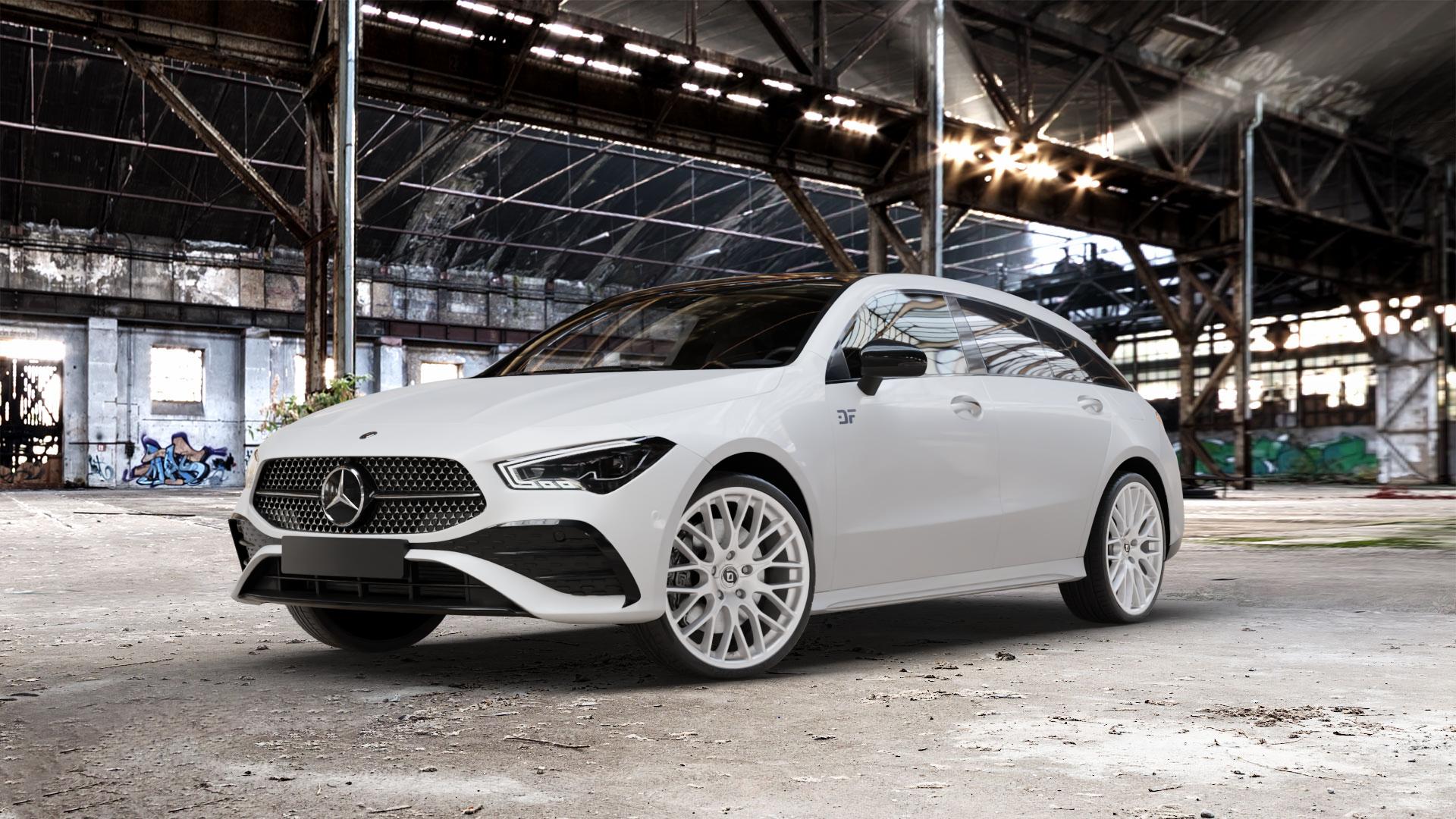 AEZ ATLANTA BLACK Felge mit Reifen schwarz in 20Zoll Winterfelge Alufelge auf weissem Mercedes CLA-Klasse II Shooting Brake Typ C118 (F2CLA) Facelift ⬇️ mit 15mm Tieferlegung ⬇️ Old Industrial Hall_max_5300mm_2024 Frontansicht_1