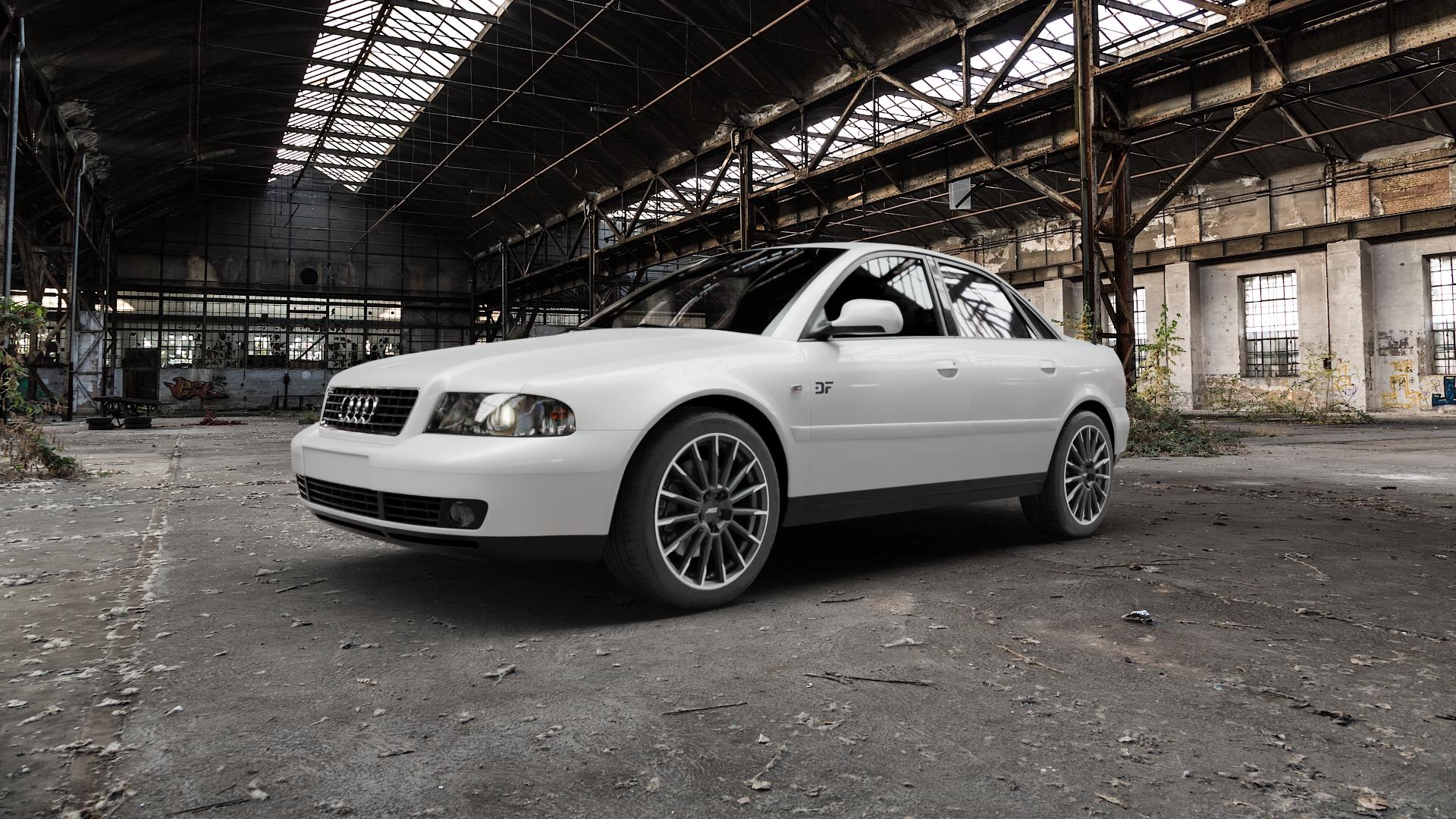 AEZ ATLANTA GRAPHITE MATT/POLISHED Felge mit Reifen grau silber mehrfarbig anthrazit in 18Zoll Winterfelge Alufelge auf weissem Audi A4 Typ 8D2/B5 (Limousine) ⬇️ mit 15mm Tieferlegung ⬇️ Old Industrial Hall_max5000mm_2022 Frontansicht_1