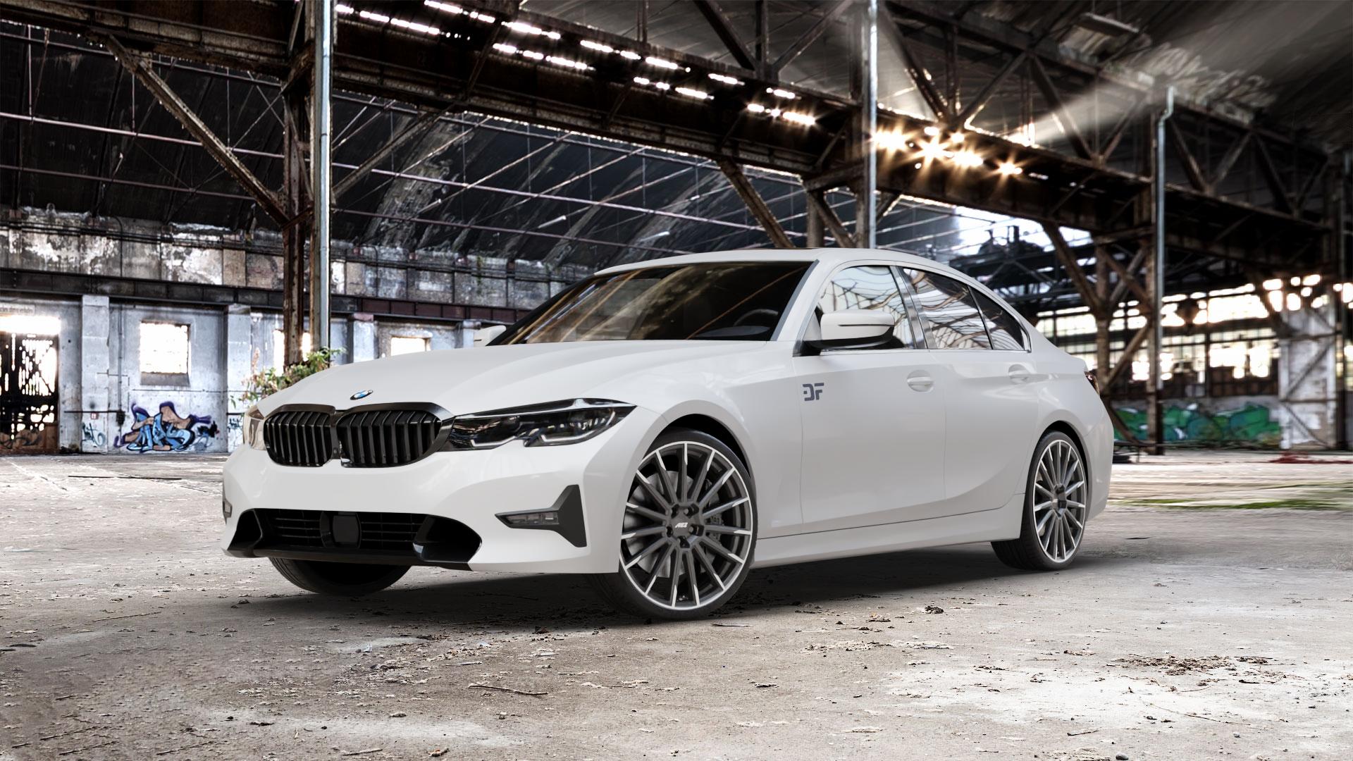 AEZ ATLANTA GRAPHITE MATT/POLISHED Felge mit Reifen grau silber mehrfarbig anthrazit in 20Zoll Winterfelge Alufelge auf weissem BMW 3er G20 Limousine (G3L) ⬇️ mit 15mm Tieferlegung ⬇️ Old Industrial Hall_max_5300mm_2024 Frontansicht_1