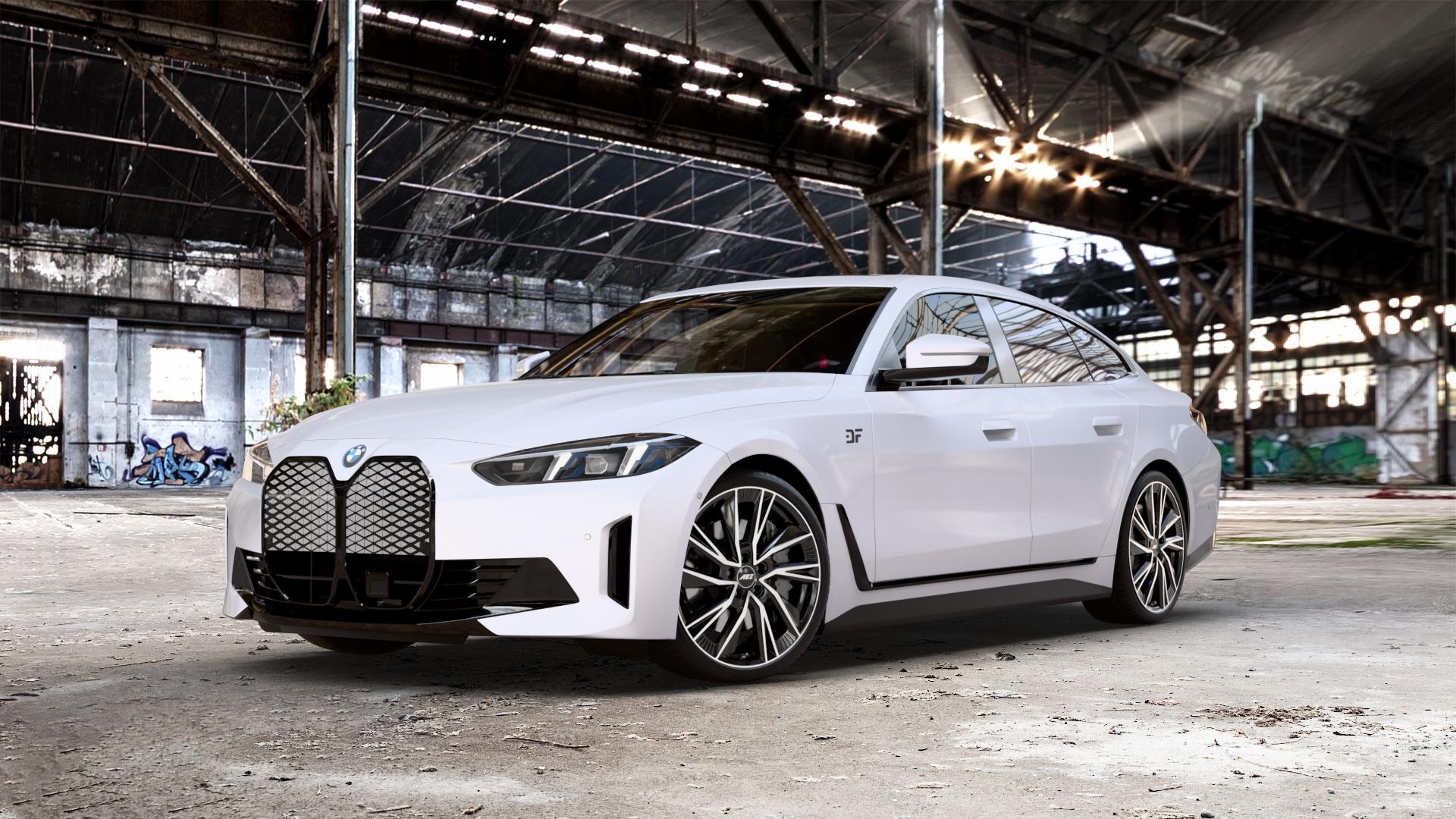 AEZ HAVANNA BLACK/POLISHED Felge mit Reifen silber schwarz mehrfarbig in 20Zoll Winterfelge Alufelge auf unilack weißem BMW i4 Facelift (G4C) ⬇️ mit 15mm Tieferlegung ⬇️ Old Industrial Hall_max_5300mm_2024 Frontansicht_1