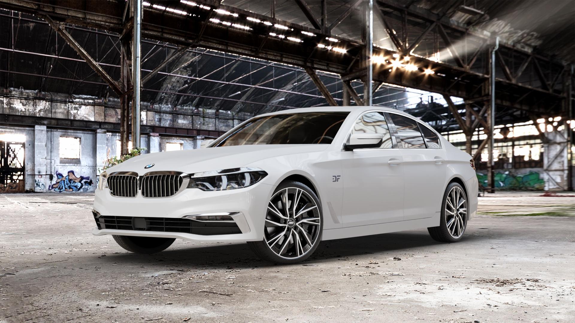 AEZ HAVANNA BLACK/POLISHED Felge mit Reifen silber schwarz mehrfarbig in 20Zoll Winterfelge Alufelge auf weissem BMW 5er G30 Limousine (G5L) ⬇️ mit 15mm Tieferlegung ⬇️ Old Industrial Hall_max_5300mm_2024 Frontansicht_1