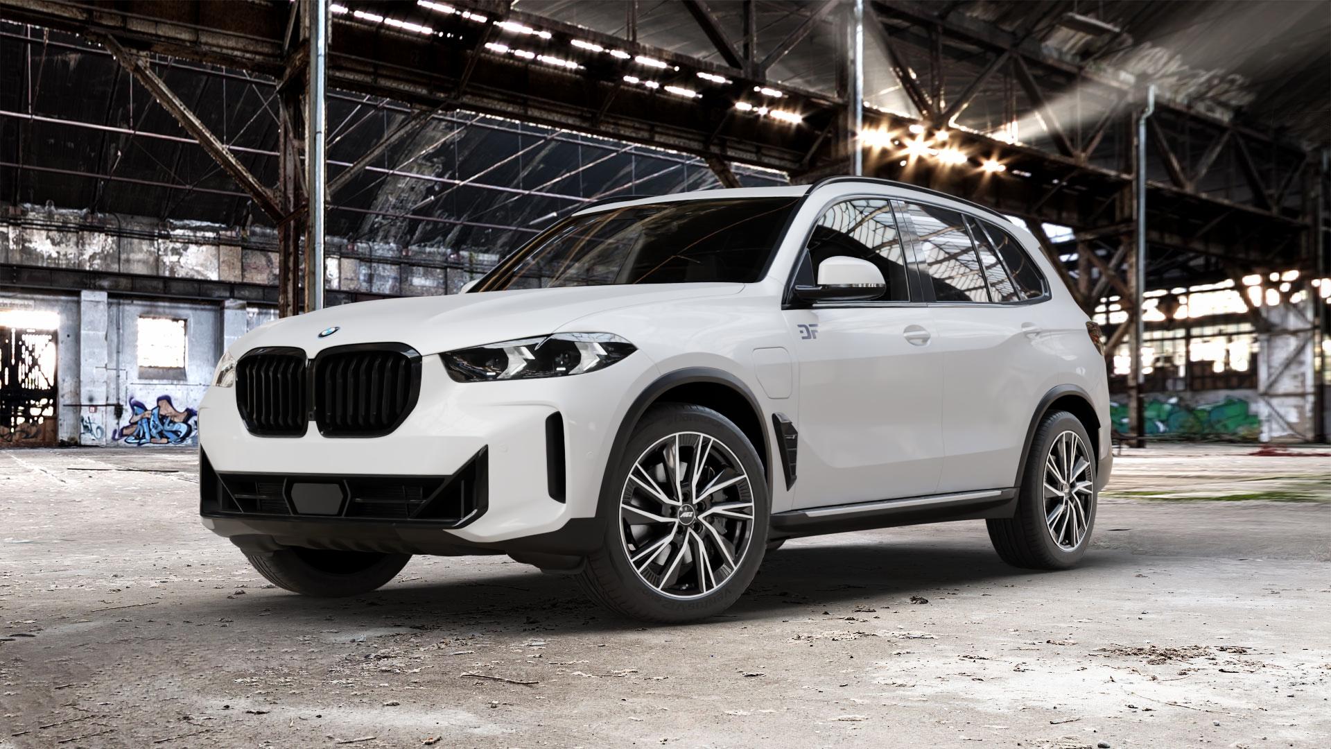 AEZ HAVANNA BLACK/POLISHED Felge mit Reifen silber schwarz mehrfarbig in 20Zoll Winterfelge Alufelge auf weissem BMW X5 Typ G05 (G5X) Facelift ⬇️ mit 15mm Tieferlegung ⬇️ Old Industrial Hall_max_5300mm_2024 Frontansicht_1
