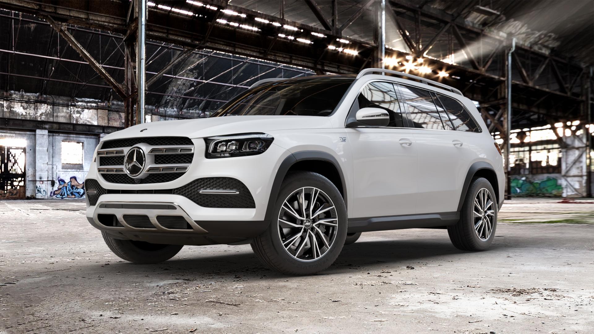 AEZ HAVANNA BLACK/POLISHED Felge mit Reifen silber schwarz mehrfarbig in 20Zoll Winterfelge Alufelge auf weissem Mercedes GLS-Klasse Typ 167 (H1GLE) 2,9l 350 d 4Matic 210kW (286 PS) 400 243kW (330 4,0l 580 360kW Mild-Hybrid (489 ⬇️ mit 15mm Tieferlegung ⬇️ Old Industrial Hall_max_5300mm_2024 Frontansicht_1