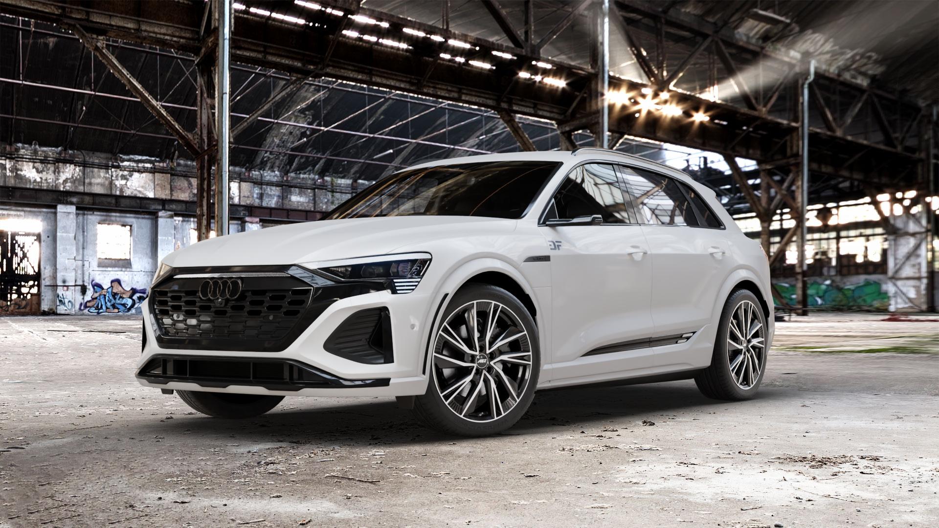 AEZ HAVANNA BLACK/POLISHED Felge mit Reifen silber schwarz mehrfarbig in 21Zoll Winterfelge Alufelge auf weissem Audi Q8 Typ GE ⬇️ mit 15mm Tieferlegung ⬇️ Old Industrial Hall_max_5300mm_2024 Frontansicht_1