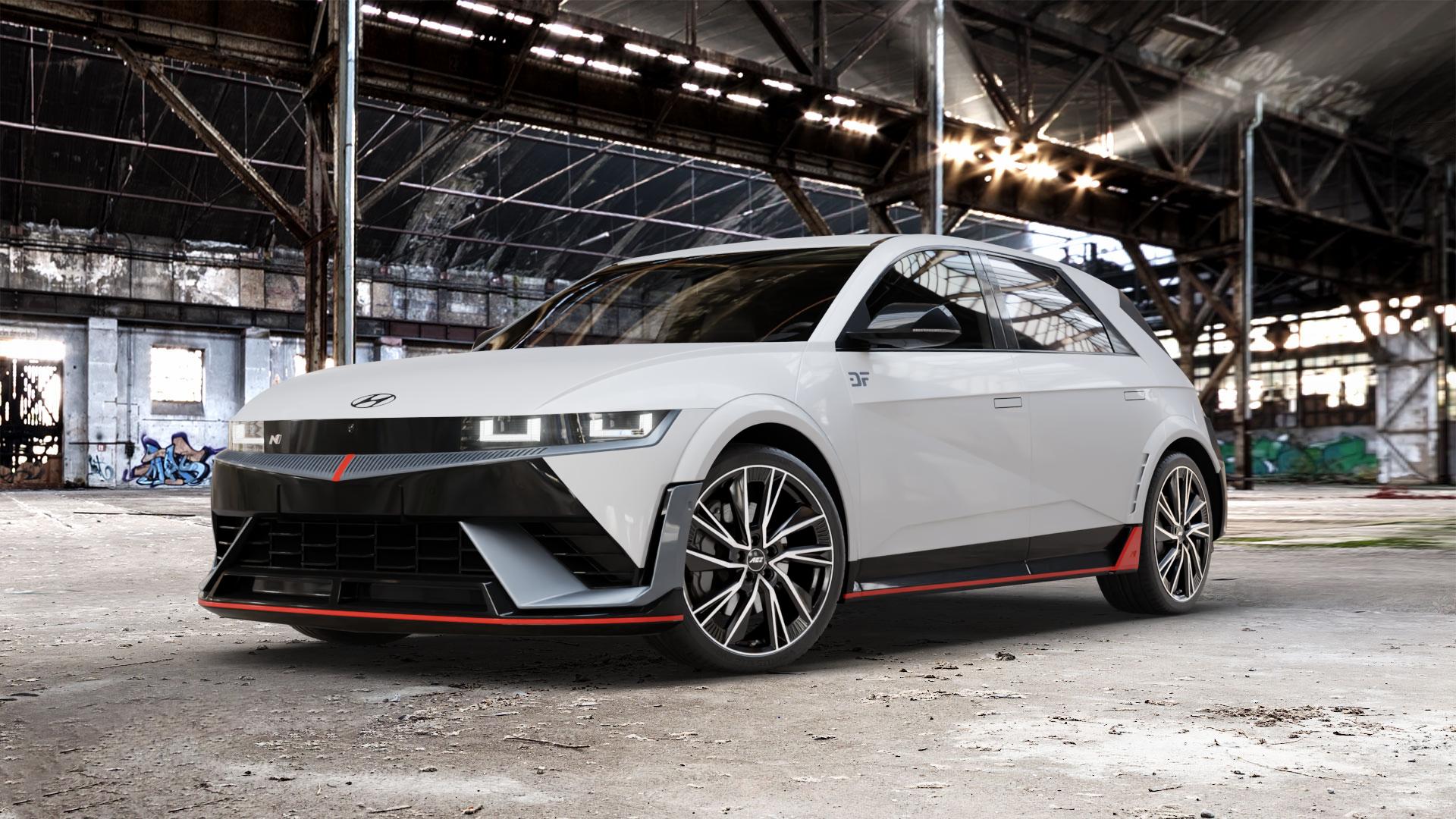 AEZ HAVANNA BLACK/POLISHED Felge mit Reifen silber schwarz mehrfarbig in 21Zoll Winterfelge Alufelge auf weissem Hyundai Ioniq 5 Typ NE 0,0l 159kW N 4WD (216 PS) ⬇️ mit 15mm Tieferlegung ⬇️ Old Industrial Hall_max_5300mm_2024 Frontansicht_1