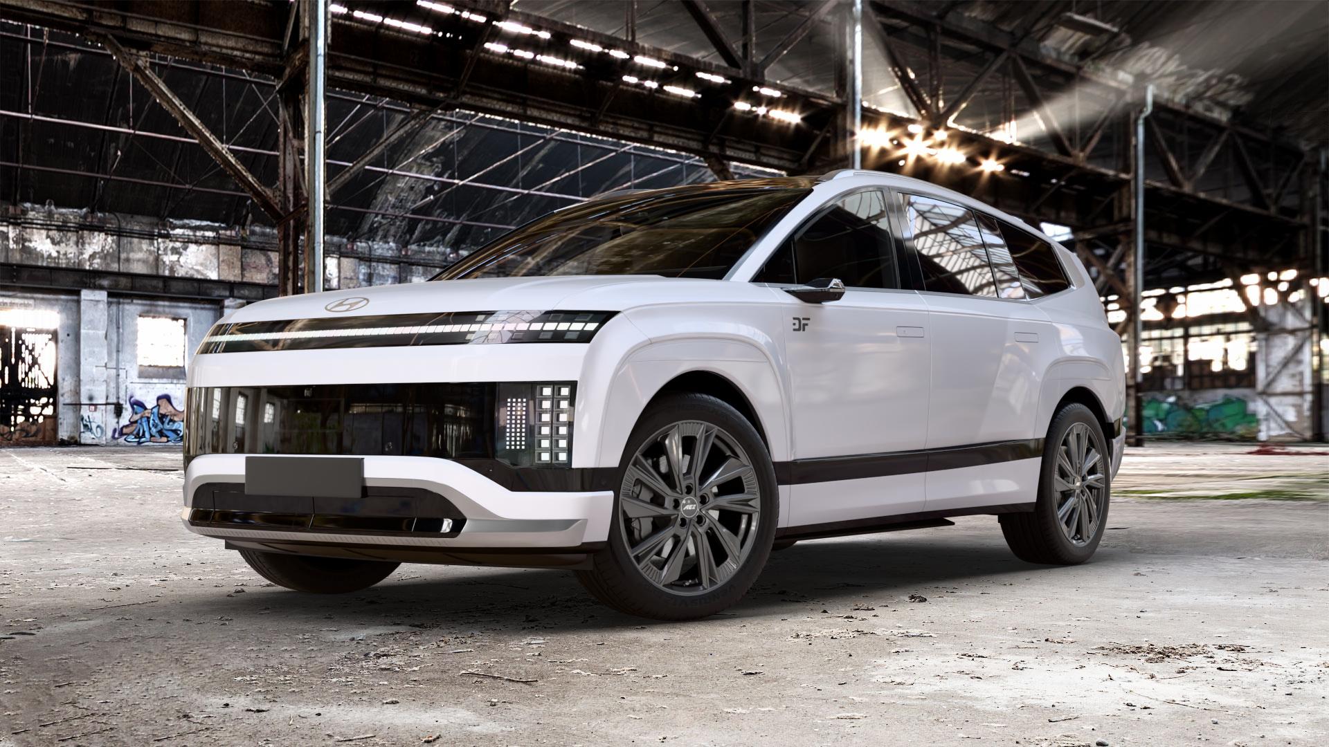 AEZ HAVANNA GUNMETAL Felge mit Reifen grau anthrazit in 21Zoll Winterfelge Alufelge auf Weiss Uni Hyundai Ioniq 9 Typ ME1 ⬇️ mit 15mm Tieferlegung ⬇️ Old Industrial Hall_max_5300mm_2024 Frontansicht_1