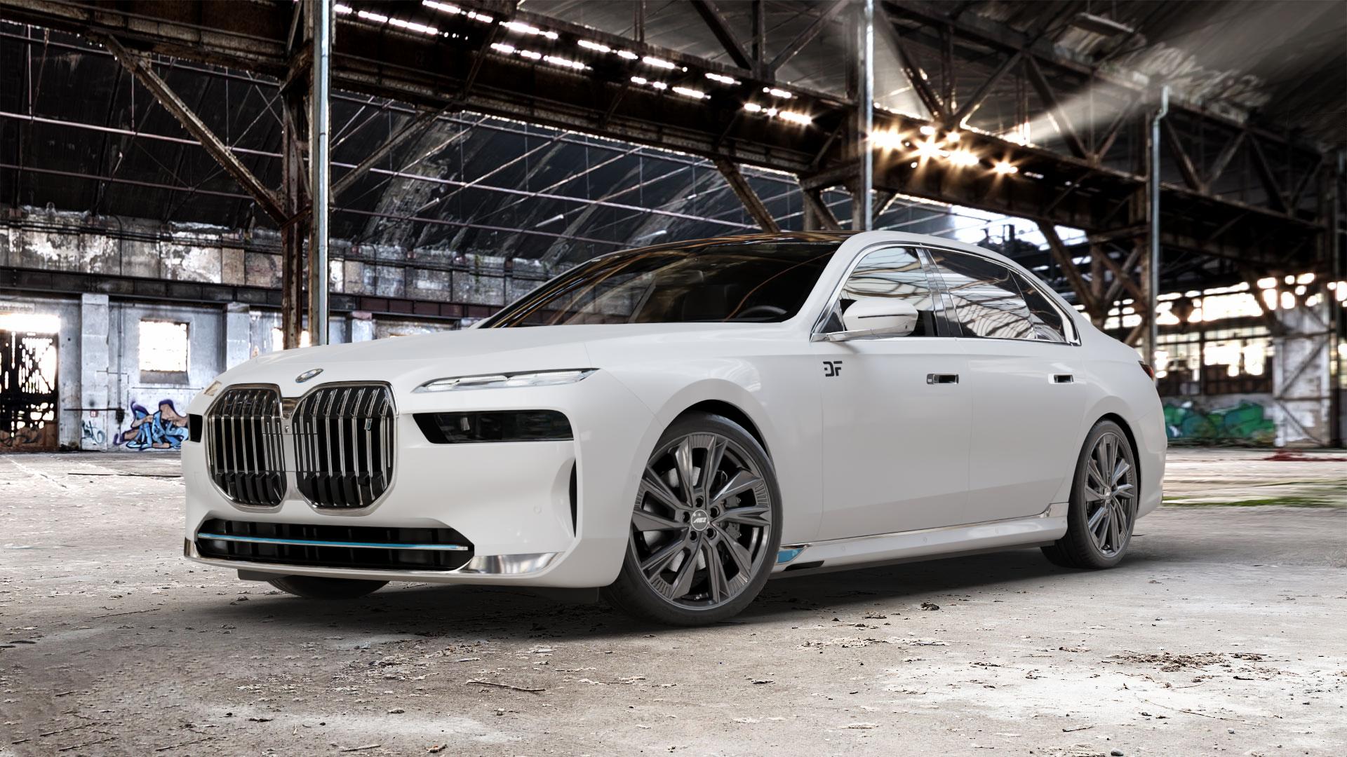 AEZ HAVANNA GUNMETAL Felge mit Reifen grau anthrazit in 21Zoll Winterfelge Alufelge auf weissem BMW i7 Typ G70 ⬇️ mit 15mm Tieferlegung ⬇️ Old Industrial Hall_max_5300mm_2024 Frontansicht_1