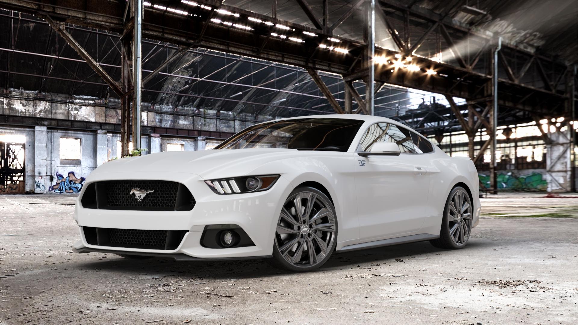 AEZ HAVANNA GUNMETAL Felge mit Reifen grau anthrazit in 21Zoll Winterfelge Alufelge auf weissem Ford Mustang VI Coupe Typ LAE Cabrio ⬇️ mit 15mm Tieferlegung ⬇️ Old Industrial Hall_max_5300mm_2024 Frontansicht_1