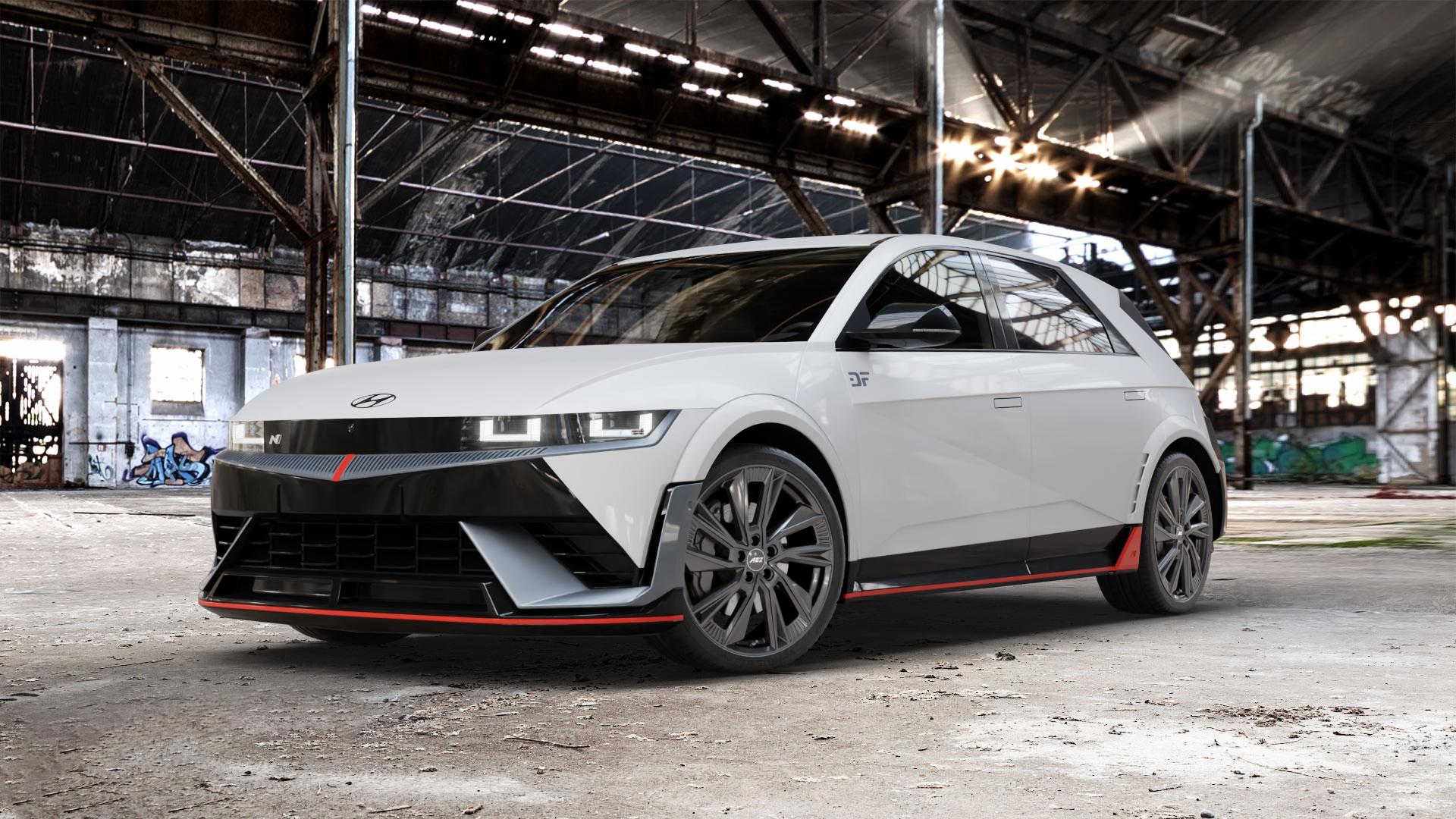 AEZ HAVANNA GUNMETAL Felge mit Reifen grau anthrazit in 21Zoll Winterfelge Alufelge auf weissem Hyundai Ioniq 5 Typ NE 0,0l 159kW N 4WD (216 PS) ⬇️ mit 15mm Tieferlegung ⬇️ Old Industrial Hall_max_5300mm_2024 Frontansicht_1