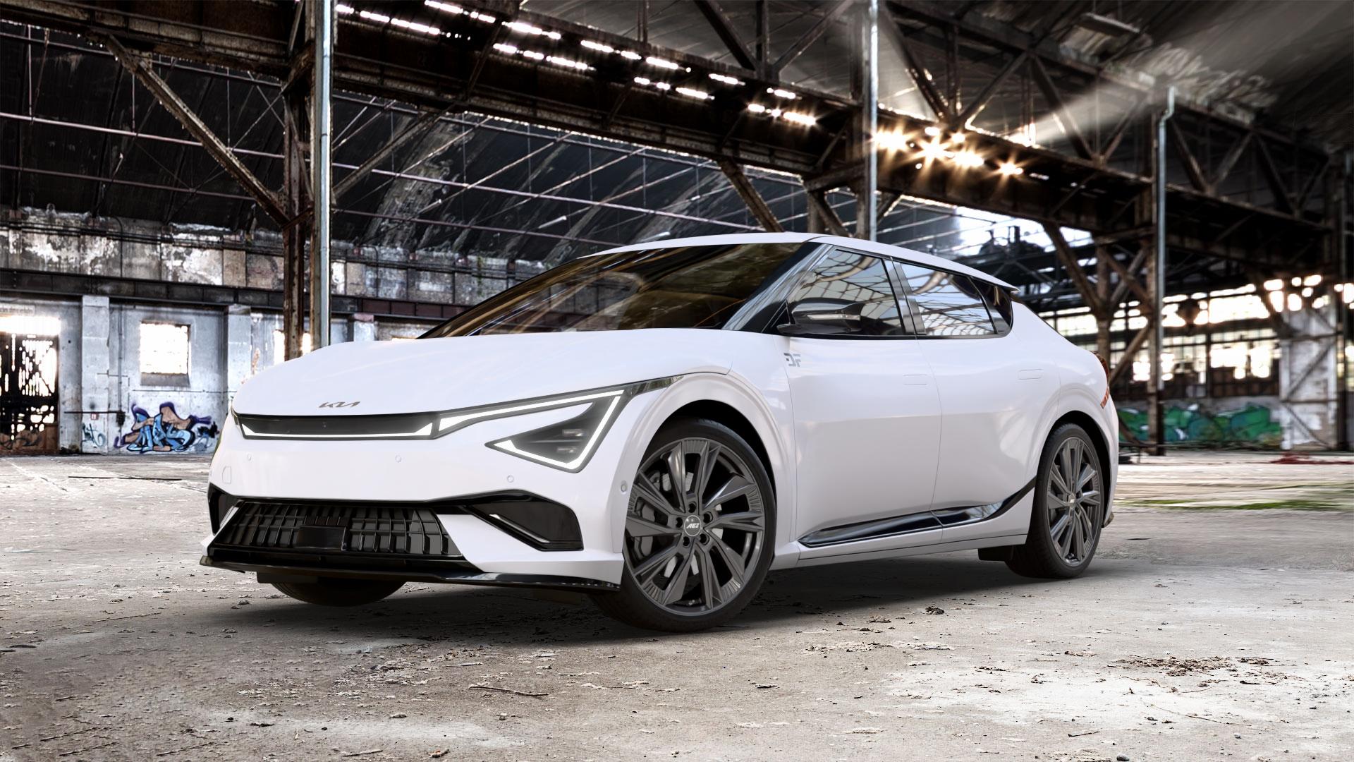 AEZ HAVANNA GUNMETAL Felge mit Reifen grau anthrazit in 21Zoll Winterfelge Alufelge auf weissem Kia EV6 Typ CV Facelift 0,0l GT AWD 159kW (216 PS) ⬇️ mit 15mm Tieferlegung ⬇️ Old Industrial Hall_max_5300mm_2024 Frontansicht_1