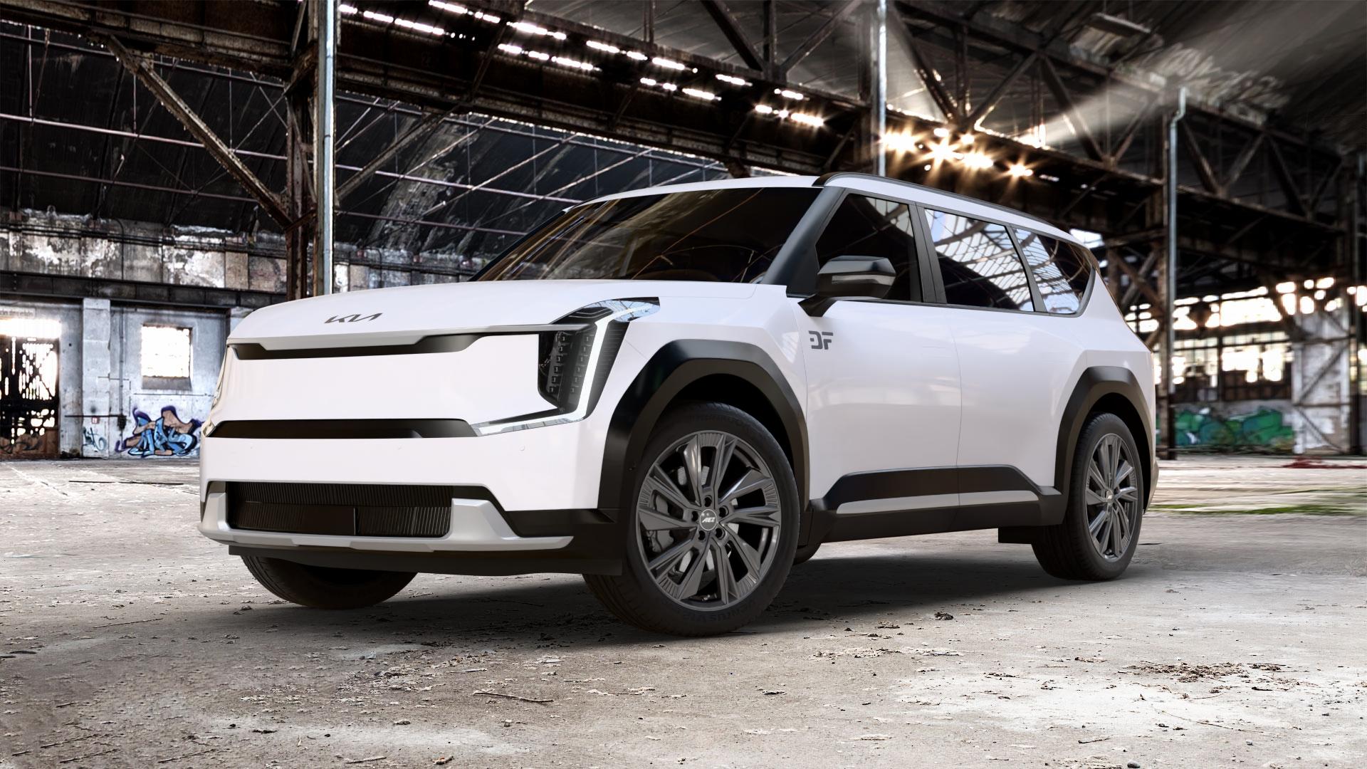 AEZ HAVANNA GUNMETAL Felge mit Reifen grau anthrazit in 21Zoll Winterfelge Alufelge auf weissem Kia EV9 Typ MV1 0,0l 100kW AWD (136 PS) 53kW (72 113kW GT Line (154 ⬇️ mit 15mm Tieferlegung ⬇️ Old Industrial Hall_max_5300mm_2024 Frontansicht_1