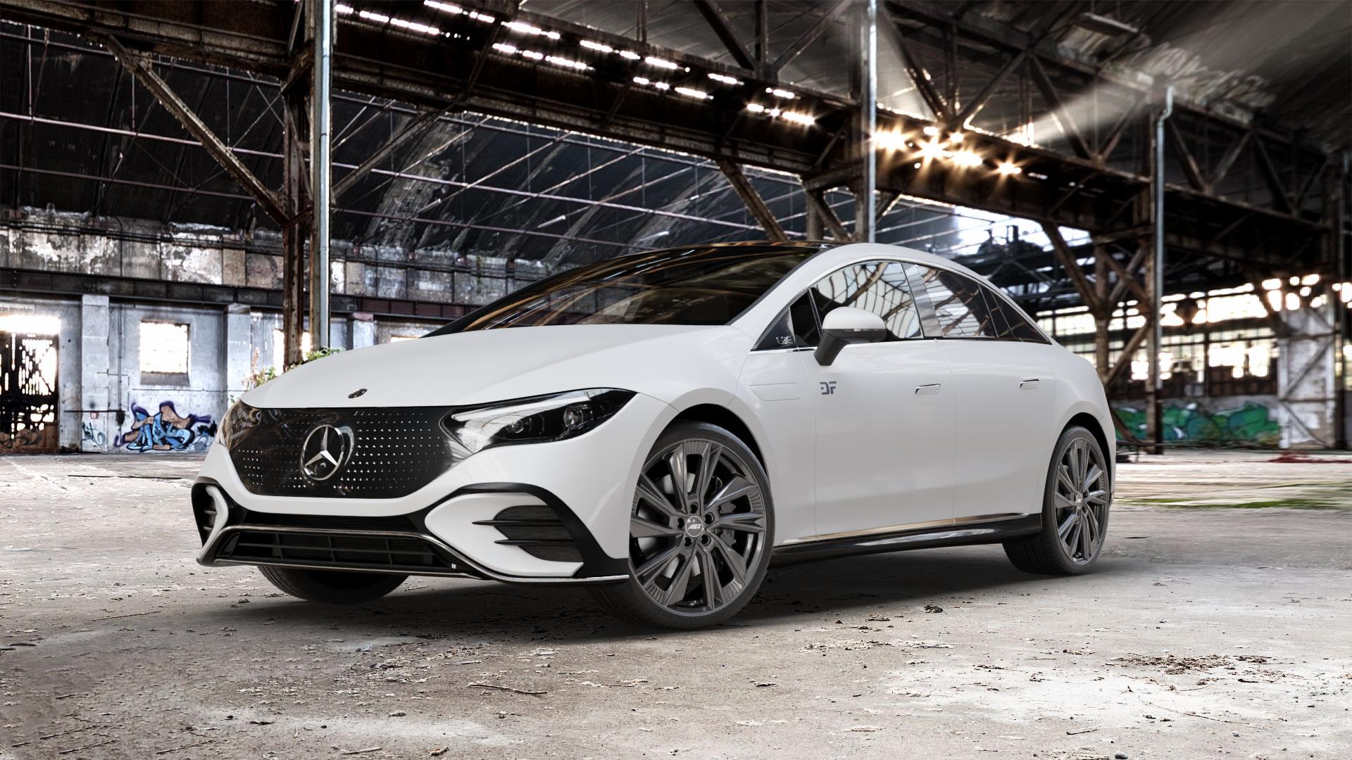 AEZ HAVANNA GUNMETAL Felge mit Reifen grau anthrazit in 21Zoll Winterfelge Alufelge auf weissem Mercedes EQE Typ E2EQEW ⬇️ mit 15mm Tieferlegung ⬇️ Old Industrial Hall_max_5300mm_2024 Frontansicht_1