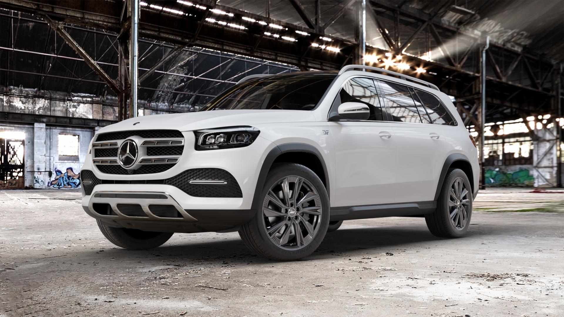 AEZ HAVANNA GUNMETAL Felge mit Reifen grau anthrazit in 21Zoll Winterfelge Alufelge auf weissem Mercedes GLS-Klasse Typ 167 (H1GLE) 2,9l 350 d 4Matic 210kW (286 PS) 400 243kW (330 4,0l 580 360kW Mild-Hybrid (489 ⬇️ mit 15mm Tieferlegung ⬇️ Old Industrial Hall_max_5300mm_2024 Frontansicht_1