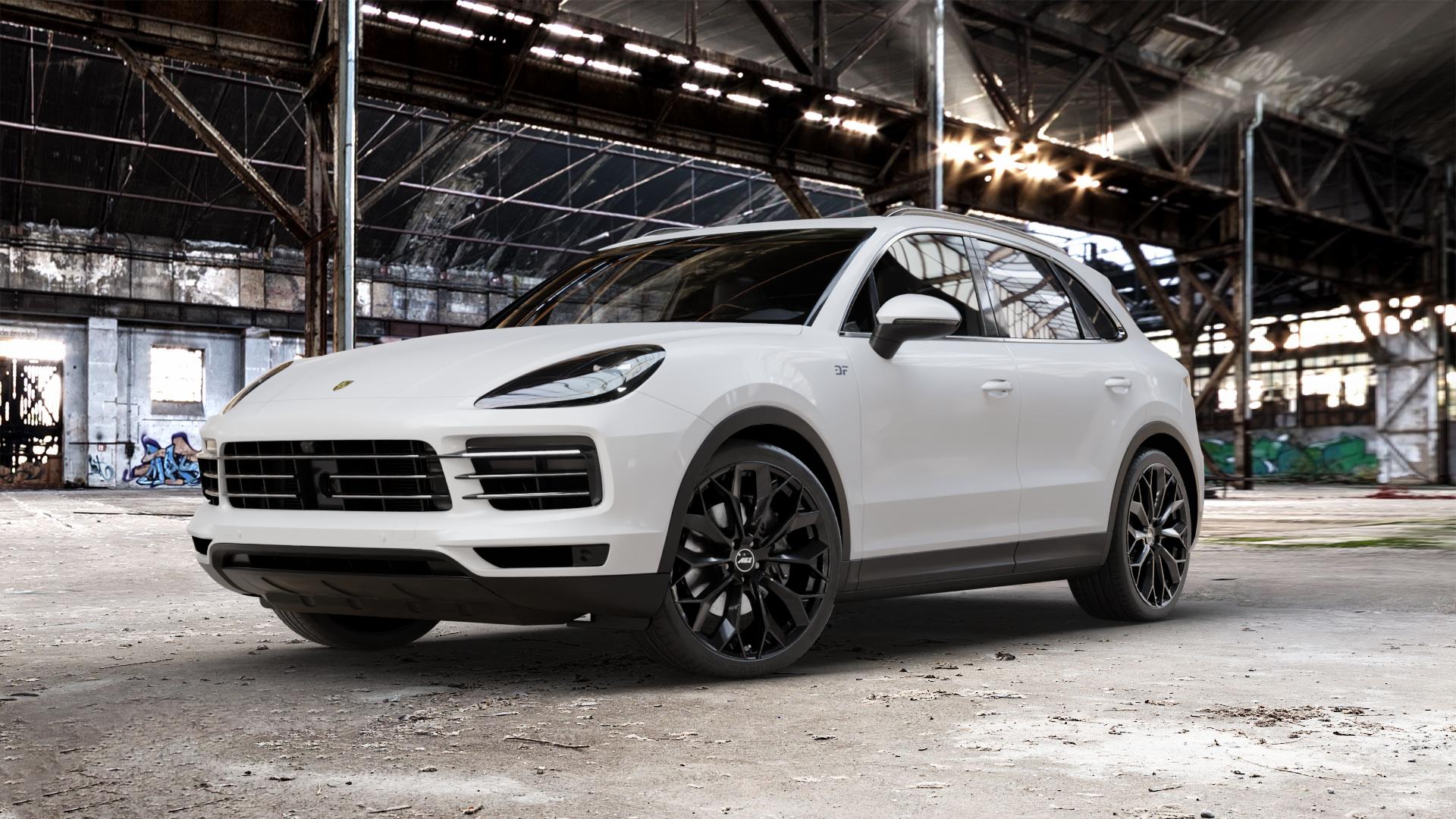 AEZ LEIPZIG BLACK Felge mit Reifen schwarz in 22Zoll Winterfelge Alufelge auf weissem Porsche Cayenne III Typ 9YA ⬇️ mit 15mm Tieferlegung ⬇️ Old Industrial Hall_max_5300mm_2024 Frontansicht_1