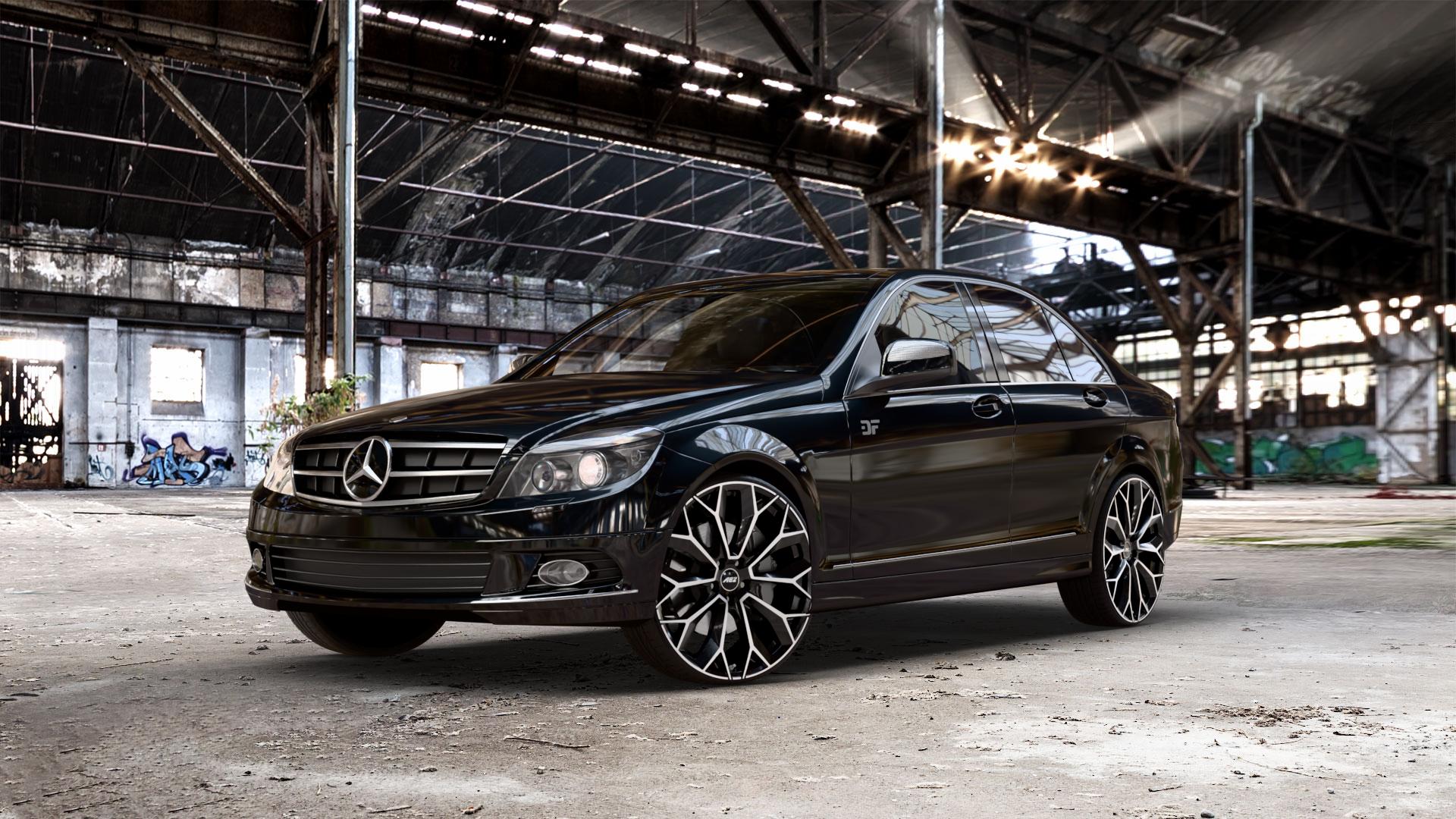 AEZ LEIPZIG BLACK/POLISHED Felge mit Reifen silber schwarz mehrfarbig in 22Zoll Winterfelge Alufelge auf schwarzem metallic Mercedes C-Klasse Typ W204 Limousine ⬇️ mit 15mm Tieferlegung ⬇️ Old Industrial Hall_max_5300mm_2024 Frontansicht_1