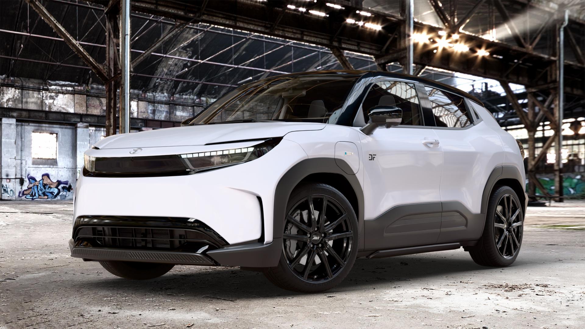 AEZ MONTREAL BLACK Felge mit Reifen schwarz in 20Zoll Winterfelge Alufelge auf weissen Toyota Urban Cruiser Typ BP ⬇️ mit 15mm Tieferlegung ⬇️ Old Industrial Hall_max_4400mm_2024 Frontansicht_1