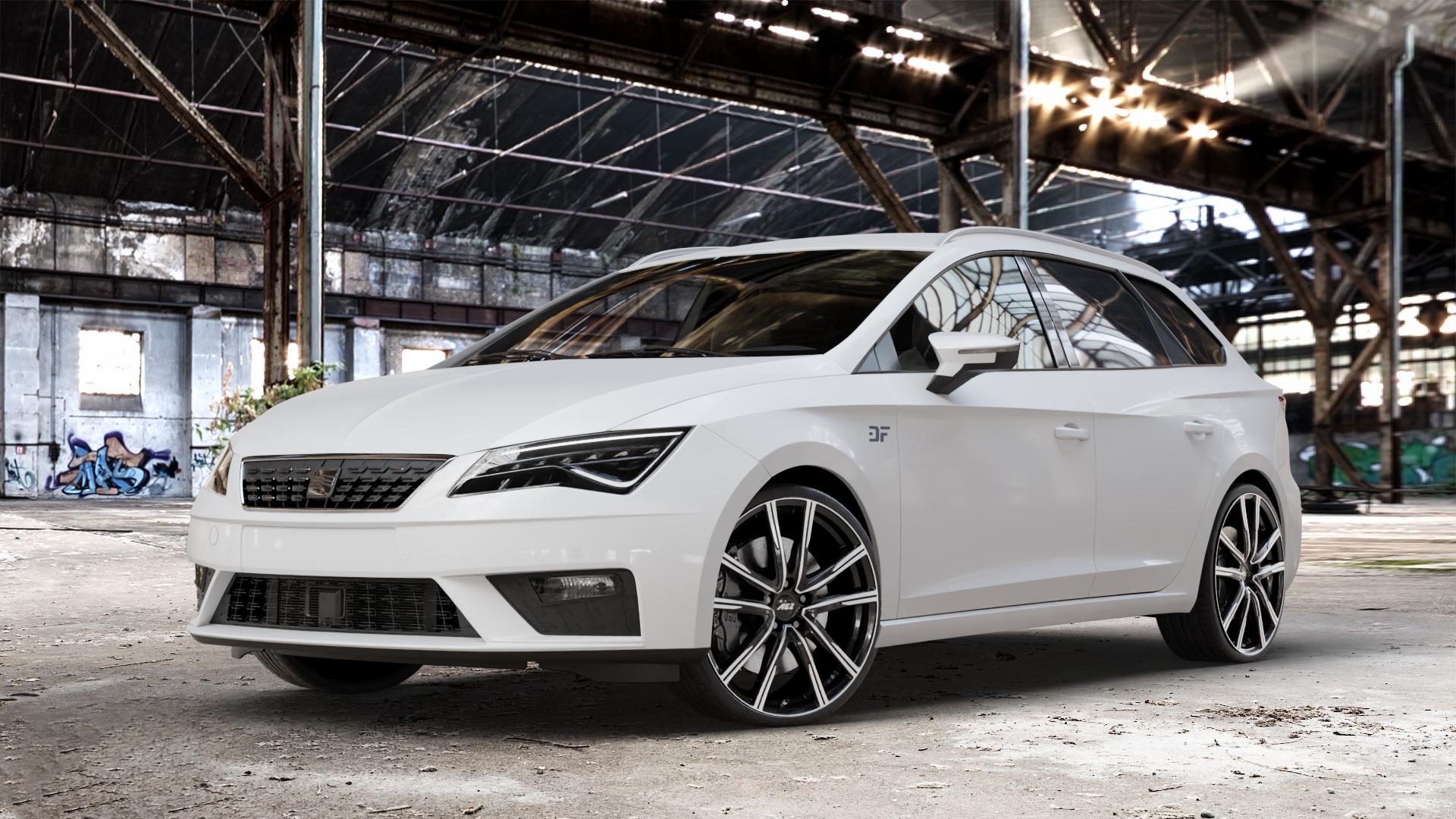 AEZ MONTREAL BLACK/POLISHED Felge mit Reifen silber schwarz mehrfarbig in 20Zoll Winterfelge Alufelge auf weissem Seat Leon Typ 5F ST Facelift ⬇️ mit 15mm Tieferlegung ⬇️ Old Industrial Hall_max_4400mm_2024 Frontansicht_1