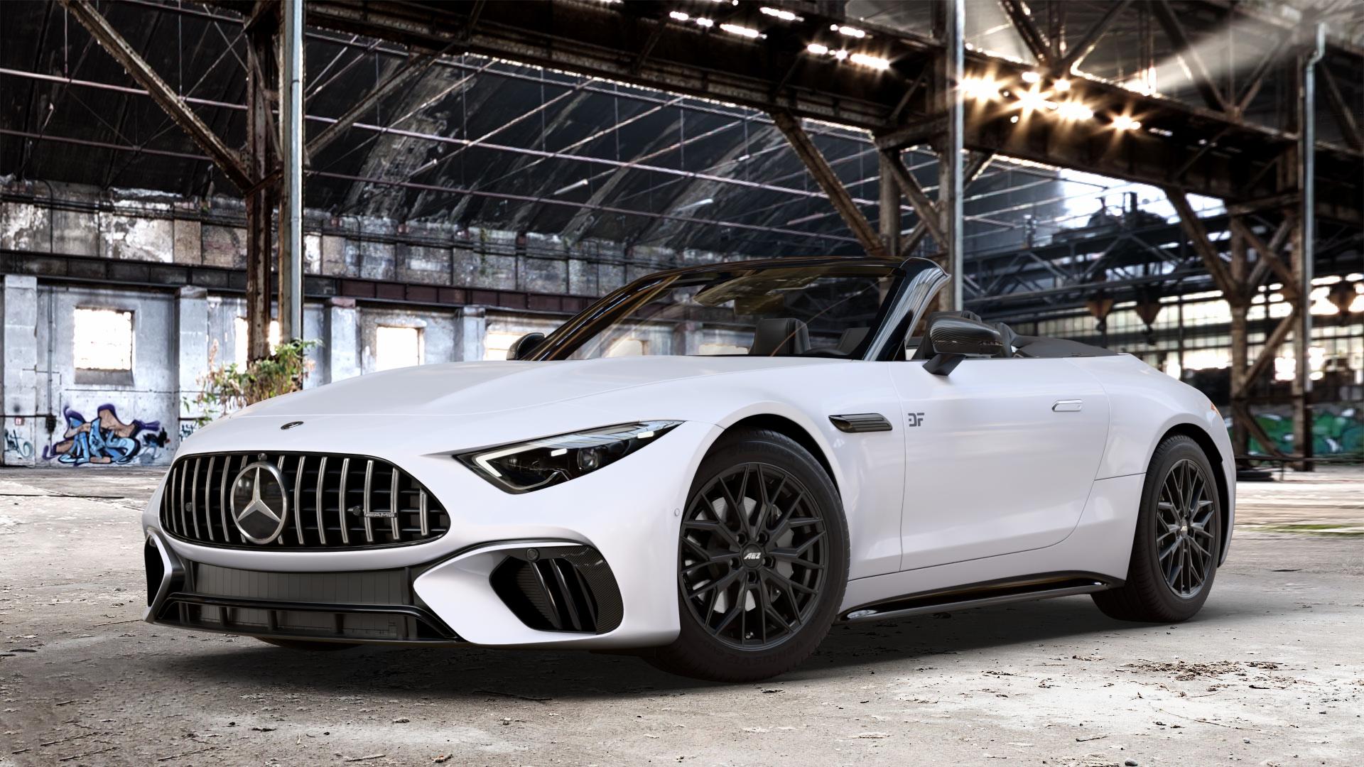 AEZ PORTO BLACK MATT Felge mit Reifen schwarz schwarz matt in 18Zoll Winterfelge Alufelge auf weissem Mercedes SL Typ R232 2,0l 43 280kW Mild-Hybrid (381 PS) 4,0l 55 4MATIC+ 350kW (476 63 430kW (585 ⬇️ mit 15mm Tieferlegung ⬇️ Old Industrial Hall_max_4400mm_2024 Frontansicht_1