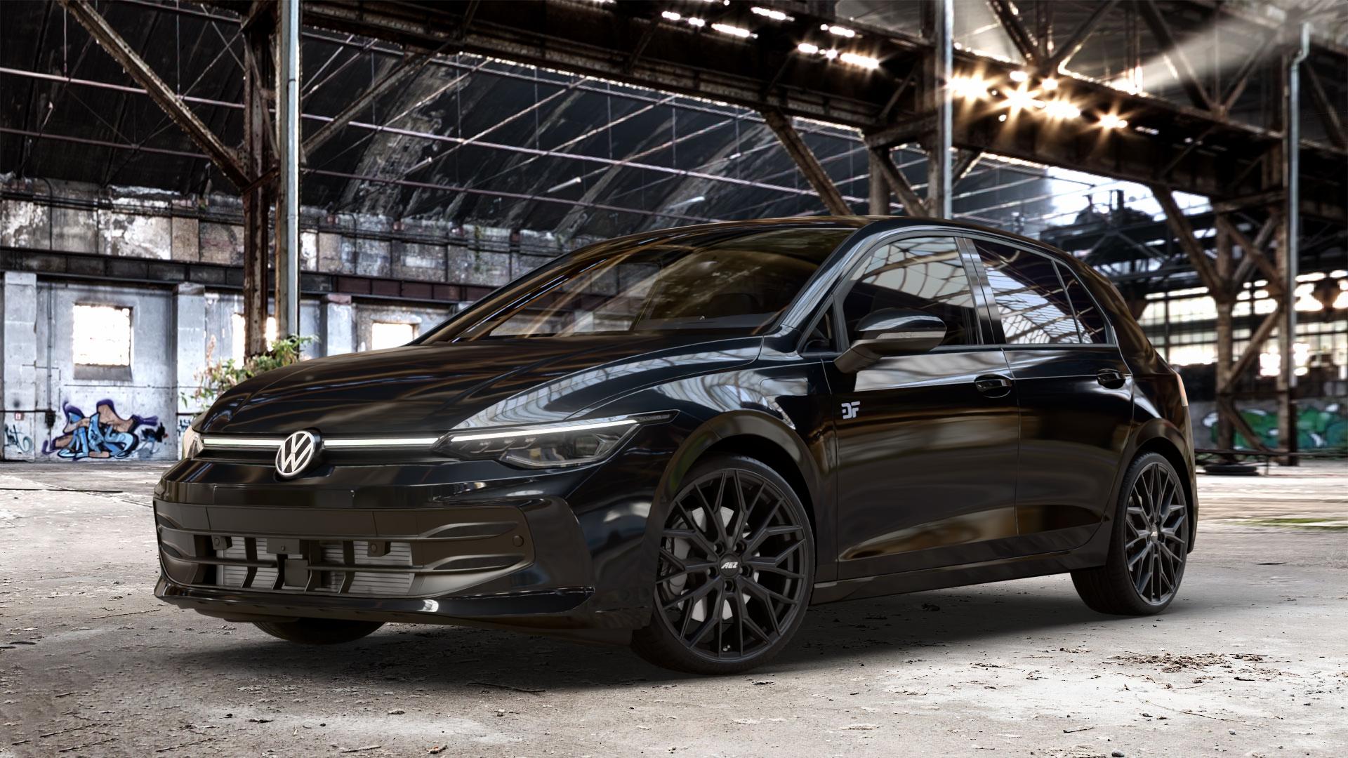 AEZ PORTO BLACK MATT Felge mit Reifen schwarz schwarz matt in 19Zoll Winterfelge Alufelge auf schwarzem Volkswagen (VW) Golf 8 Facelift ⬇️ mit 15mm Tieferlegung ⬇️ Old Industrial Hall_max_4400mm_2024 Frontansicht_1