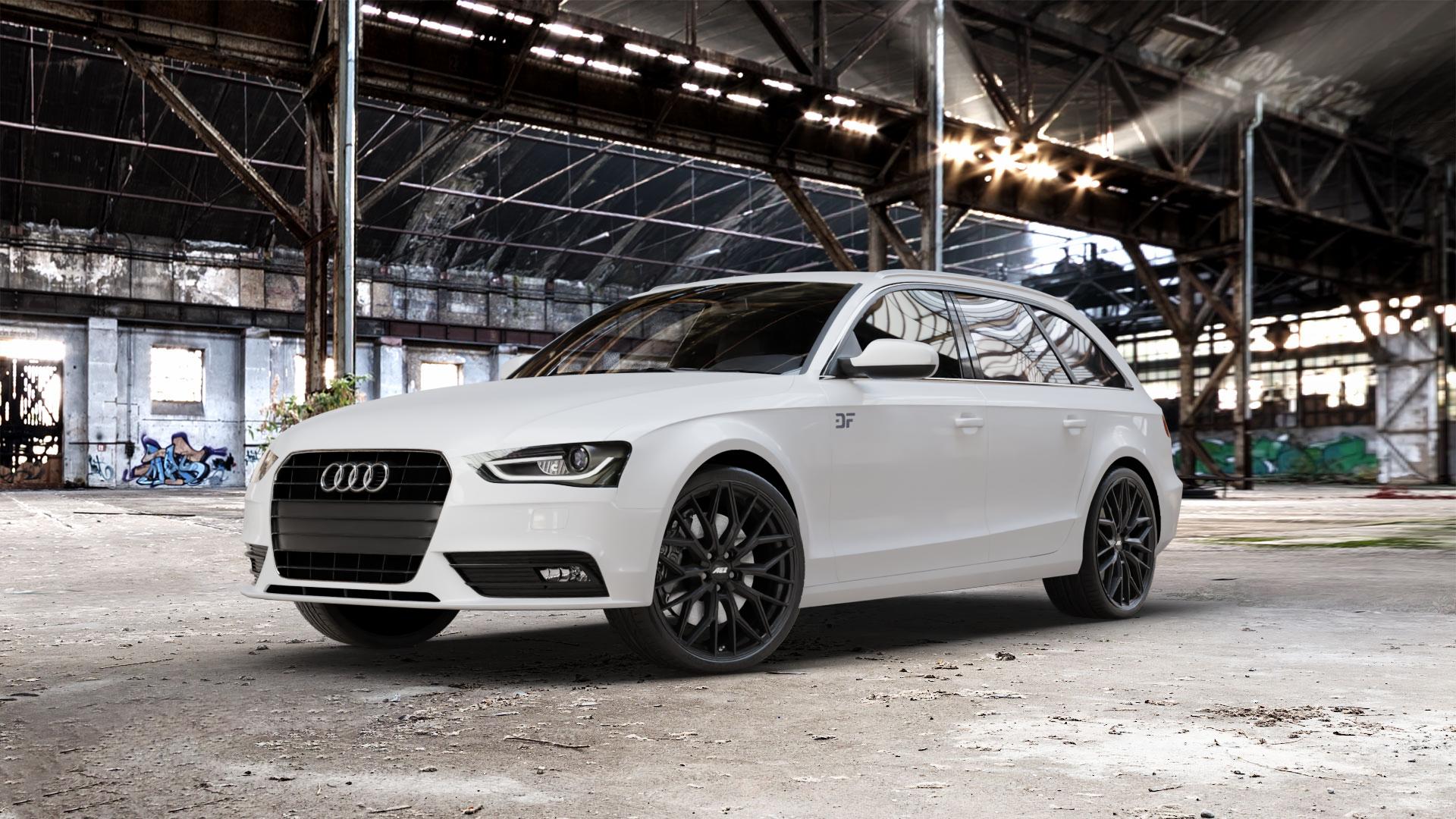 AEZ PORTO BLACK MATT Felge mit Reifen schwarz schwarz matt in 20Zoll Winterfelge Alufelge auf weissem Audi A4 Typ 8K5/B8 (Avant) Facelift ⬇️ mit 15mm Tieferlegung ⬇️ Old Industrial Hall_max_5300mm_2024 Frontansicht_1