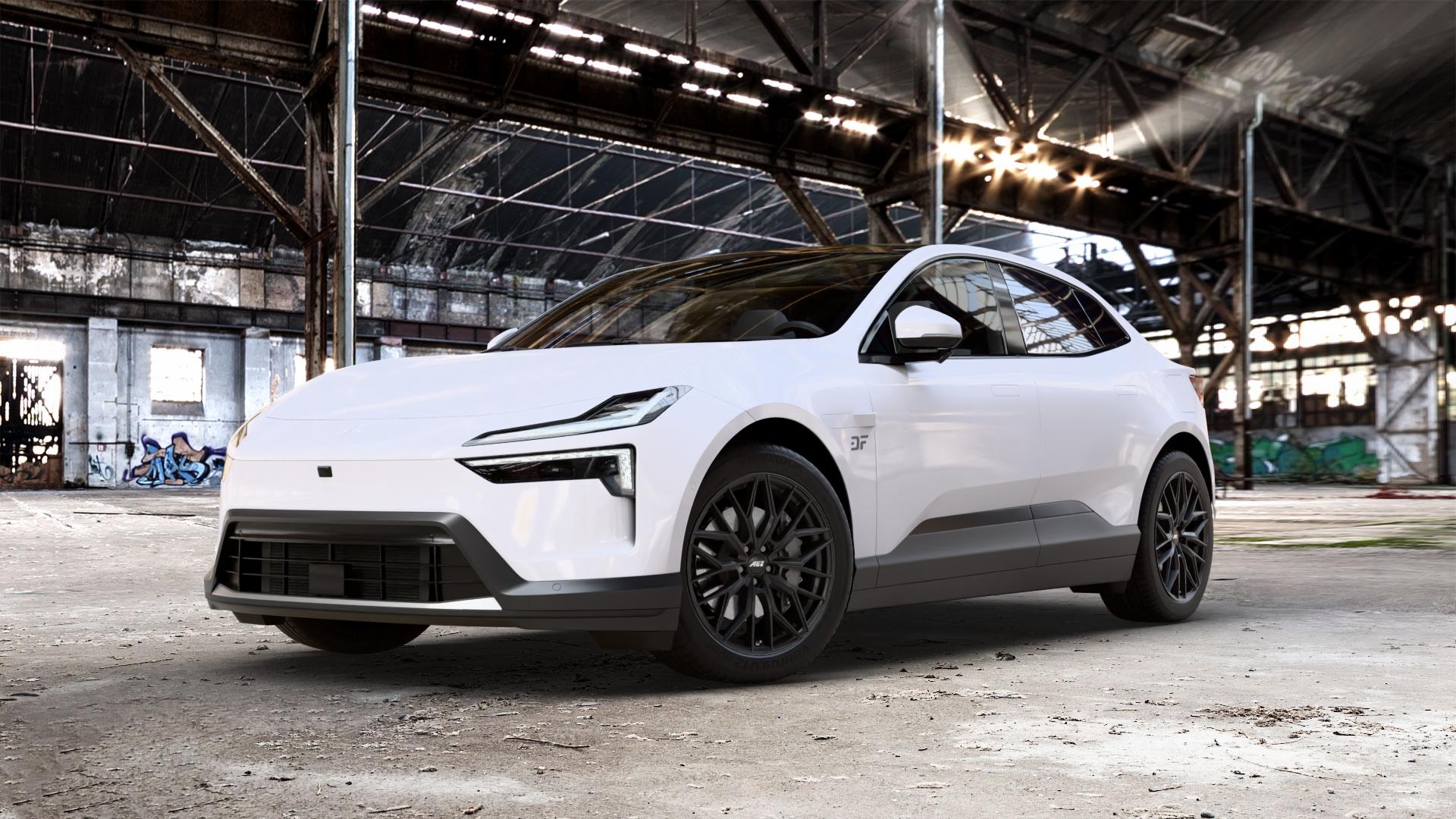 AEZ PORTO BLACK MATT Felge mit Reifen schwarz schwarz matt in 20Zoll Winterfelge Alufelge auf weissem Polestar 4 0,0l 75kW (102 PS) 150kW AWD (204 ⬇️ mit 15mm Tieferlegung ⬇️ Old Industrial Hall_max_5300mm_2024 Frontansicht_1