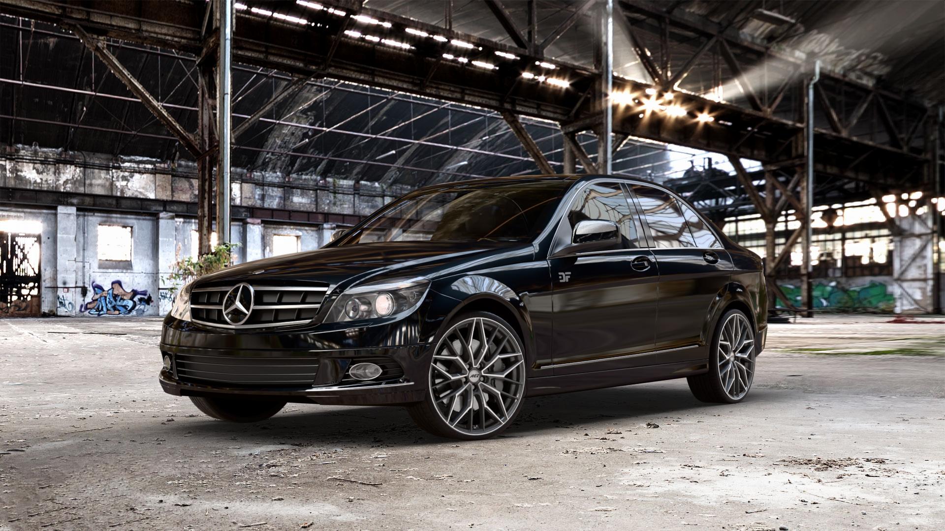 AEZ PORTO GUNMETAL/POLISHED Felge mit Reifen grau silber mehrfarbig anthrazit in 20Zoll Winterfelge Alufelge auf schwarzem metallic Mercedes C-Klasse Typ W204 Limousine ⬇️ mit 15mm Tieferlegung ⬇️ Old Industrial Hall_max_5300mm_2024 Frontansicht_1