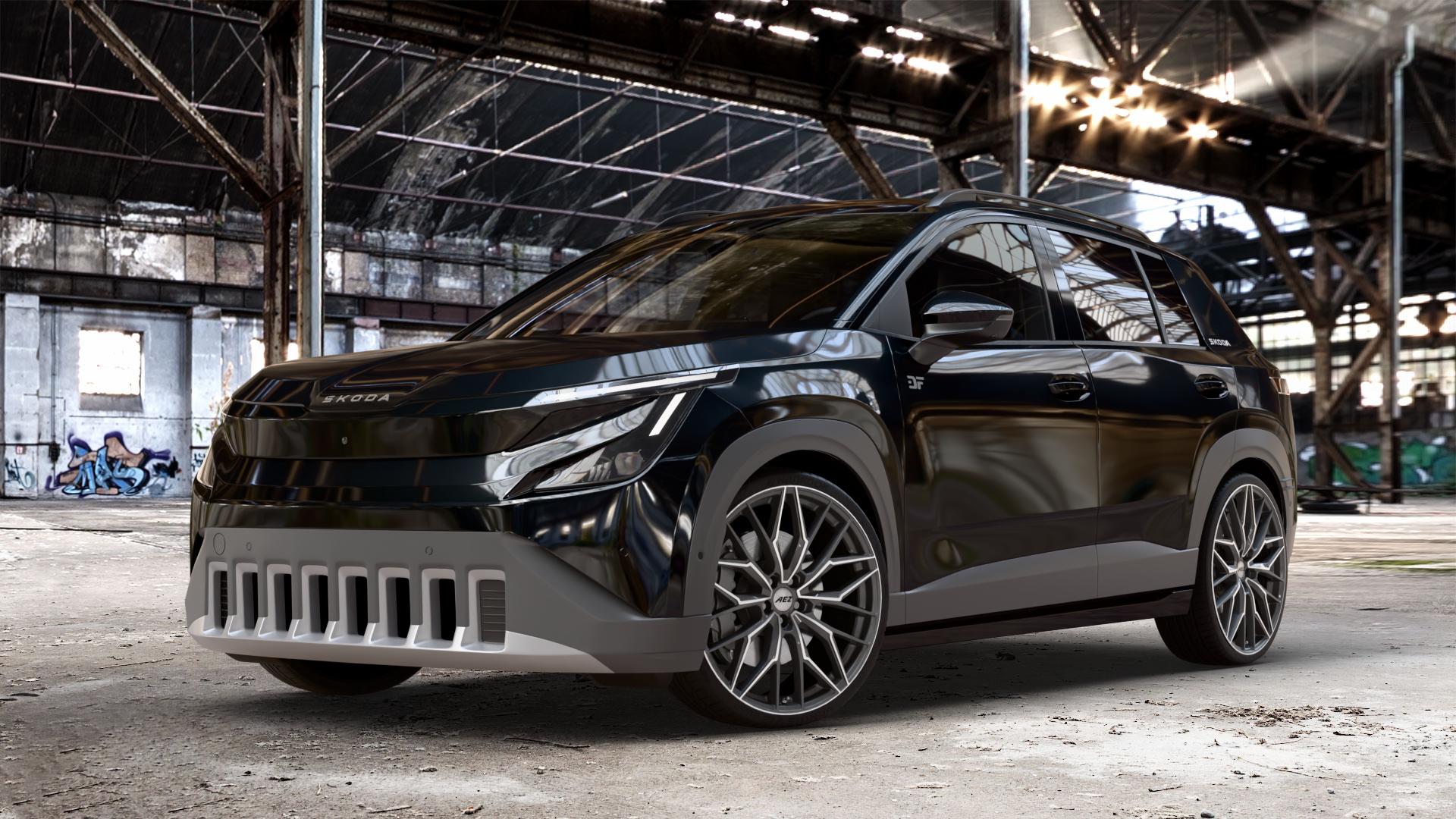 AEZ PORTO GUNMETAL/POLISHED Felge mit Reifen grau silber mehrfarbig anthrazit in 21Zoll Winterfelge Alufelge auf metallic schwarzem Skoda Epiq Typ PX ⬇️ mit 15mm Tieferlegung ⬇️ Old Industrial Hall_max_4400mm_2024 Frontansicht_1