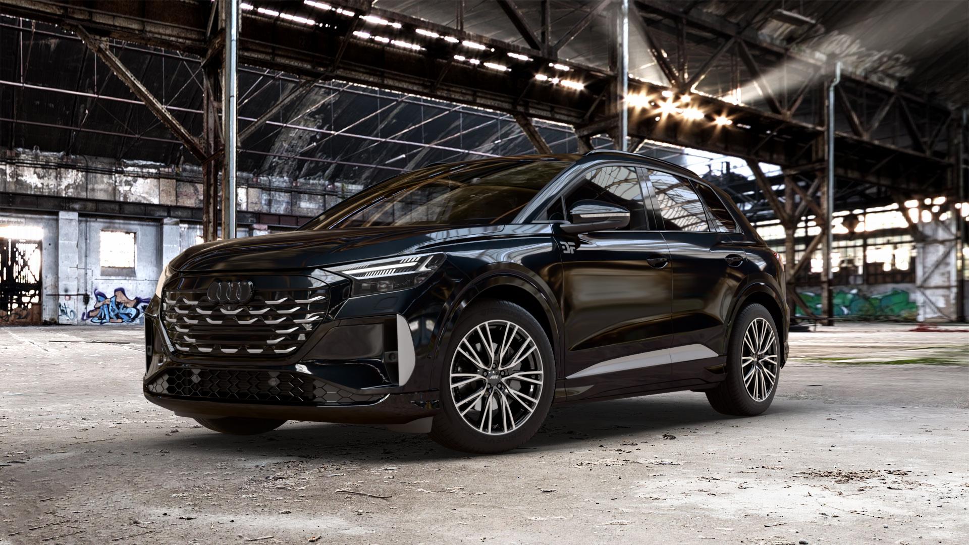 AEZ SEATTLE BLACK/POLISHED Felge mit Reifen schwarz in 19Zoll Winterfelge Alufelge auf metallic schwarzem Audi Q4 e-tron Facelift Typ FZ ⬇️ mit 15mm Tieferlegung ⬇️ Old Industrial Hall_max_5300mm_2024 Frontansicht_1