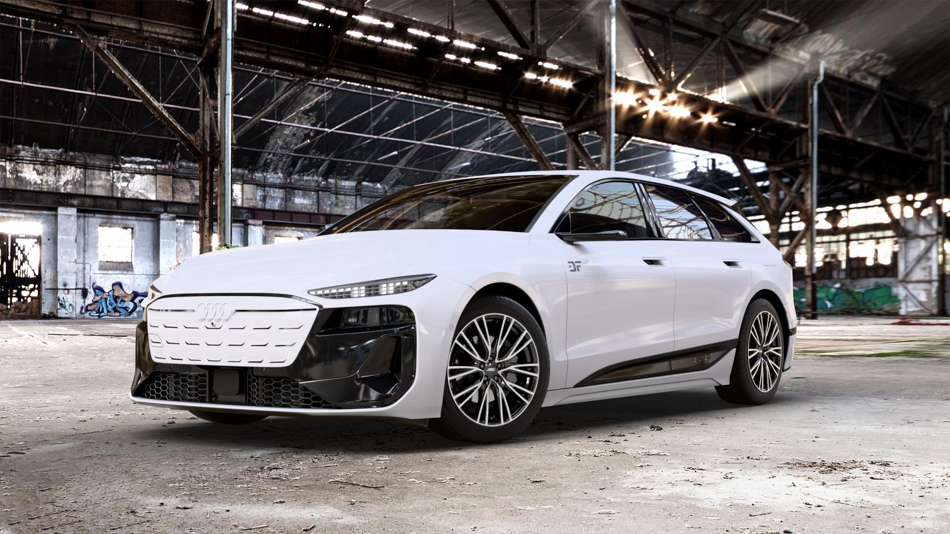 AEZ SEATTLE BLACK/POLISHED Felge mit Reifen schwarz in 19Zoll Winterfelge Alufelge auf weissem Audi A6 e-tron Typ GH (Avant) 0,0l Performance 120kW (163 PS) S6 138kW (188 100kW (136 quattro ⬇️ mit 15mm Tieferlegung ⬇️ Old Industrial Hall_max_5300mm_2024 Frontansicht_1