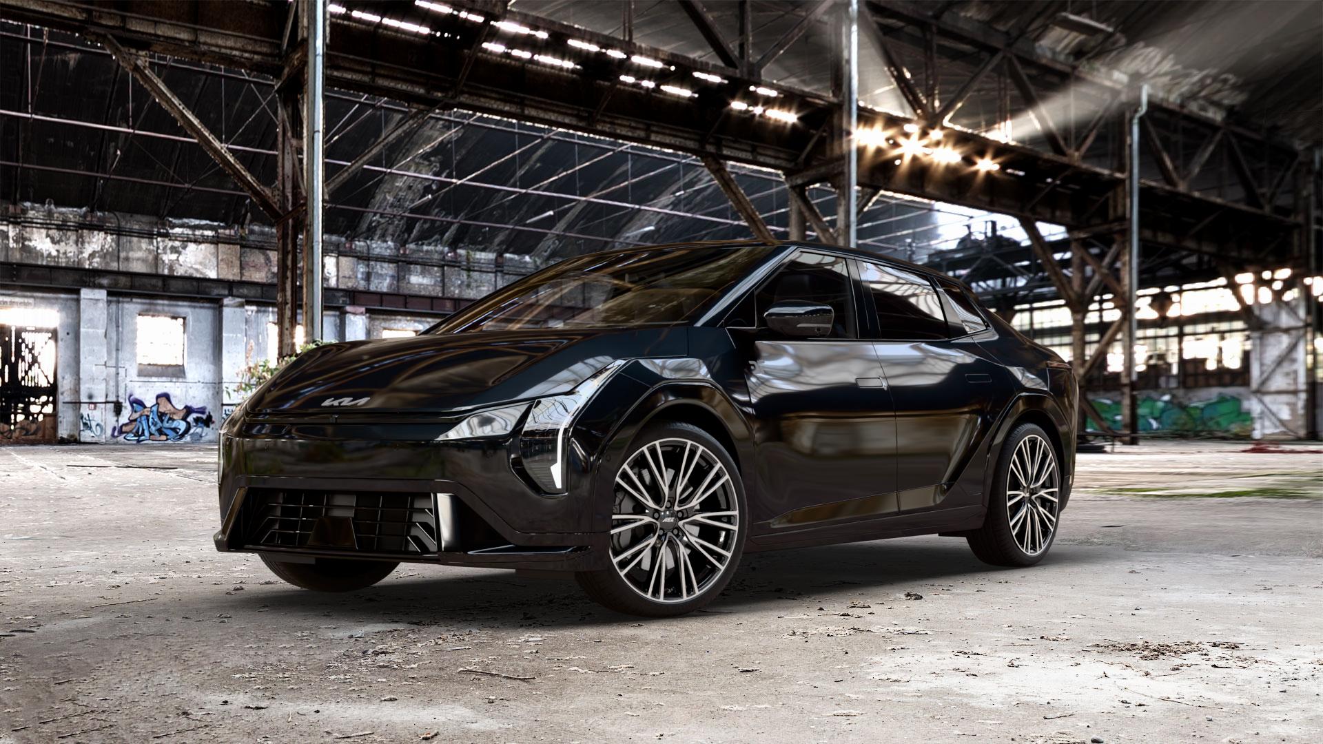 AEZ SEATTLE BLACK/POLISHED Felge mit Reifen schwarz in 20Zoll Winterfelge Alufelge auf schwarzem Kia EV4 Fastback Typ CT1 0,0l 50kW (68 PS) ⬇️ mit 15mm Tieferlegung ⬇️ Old Industrial Hall_max_5300mm_2024 Frontansicht_1