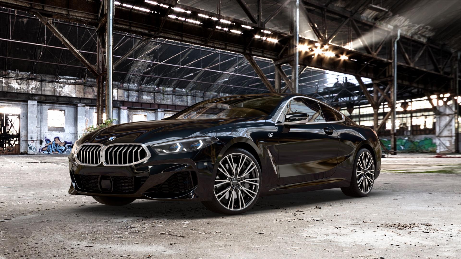 AEZ SEATTLE BLACK/POLISHED Felge mit Reifen schwarz in 20Zoll Winterfelge Alufelge auf schwarzem metallic BMW 840d xDrive Typ G15 M850i 840i M8 F8CM (Coupe) 8er Coupé (G8C) ⬇️ mit 15mm Tieferlegung ⬇️ Old Industrial Hall_max_5300mm_2024 Frontansicht_1