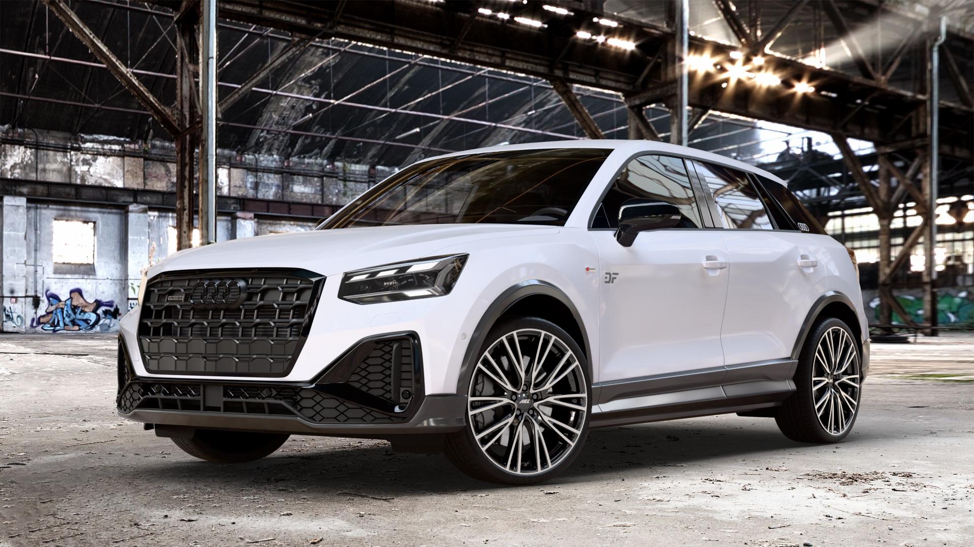 AEZ SEATTLE BLACK/POLISHED Felge mit Reifen schwarz in 20Zoll Winterfelge Alufelge auf weißem Audi Q2 Typ GA Facelift ⬇️ mit 15mm Tieferlegung ⬇️ Old Industrial Hall_max_4400mm_2024 Frontansicht_1