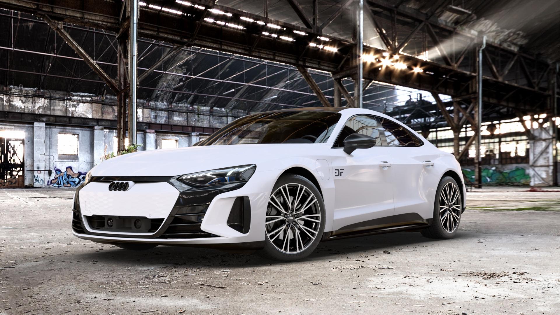 AEZ SEATTLE BLACK/POLISHED Felge mit Reifen schwarz in 20Zoll Winterfelge Alufelge auf weissem Audi RS E-Tron GT Typ FW ⬇️ mit 15mm Tieferlegung ⬇️ Old Industrial Hall_max_5300mm_2024 Frontansicht_1