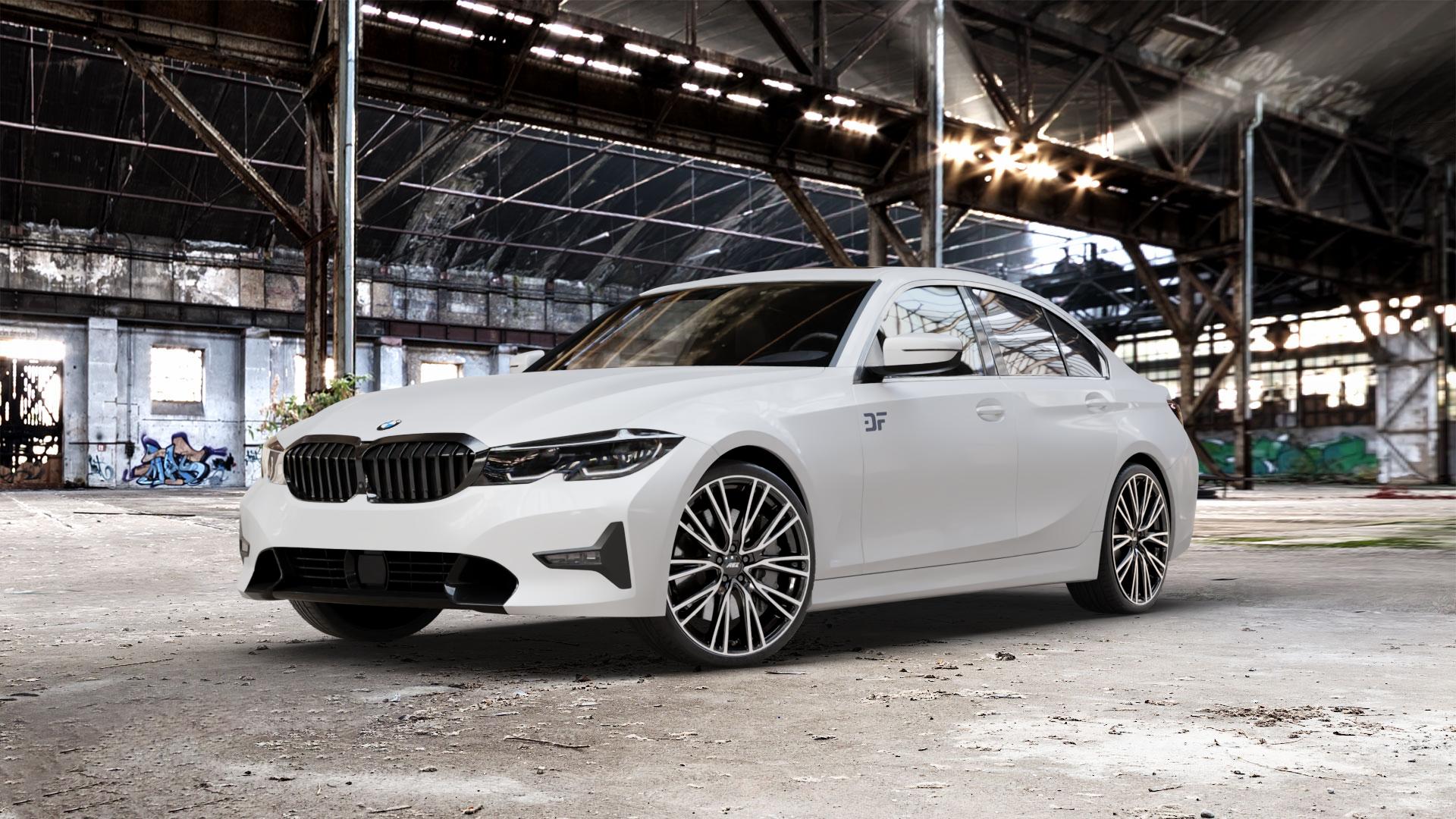 AEZ SEATTLE BLACK/POLISHED Felge mit Reifen schwarz in 20Zoll Winterfelge Alufelge auf weissem BMW 3er G20 Limousine (G3L) ⬇️ mit 15mm Tieferlegung ⬇️ Old Industrial Hall_max_5300mm_2024 Frontansicht_1