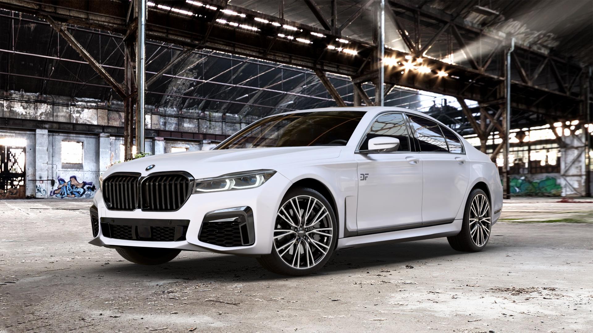 AEZ SEATTLE BLACK/POLISHED Felge mit Reifen schwarz in 20Zoll Winterfelge Alufelge auf weissem BMW 730i Typ G11 Facelift 740i 745e 750i xDrive 7er Limousine (7L) ⬇️ mit 15mm Tieferlegung ⬇️ Old Industrial Hall_max_5300mm_2024 Frontansicht_1