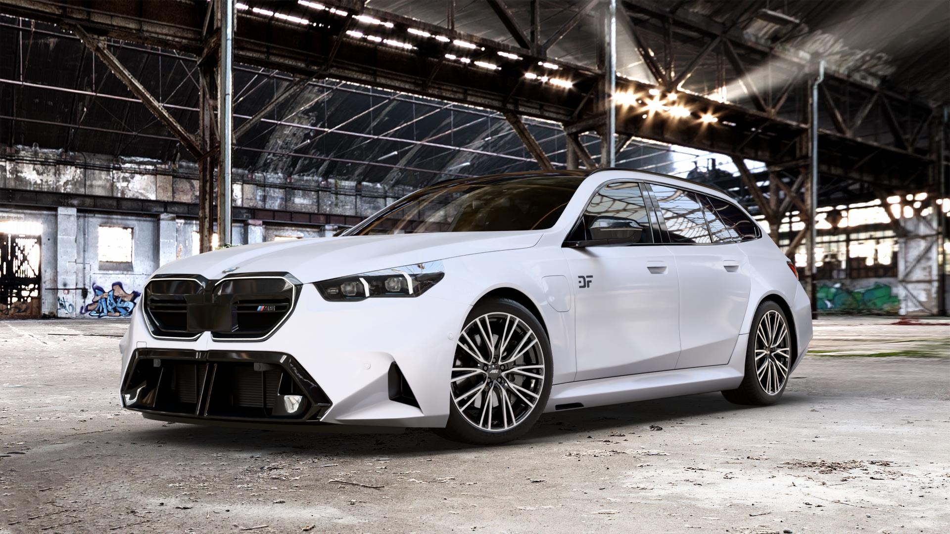 AEZ SEATTLE BLACK/POLISHED Felge mit Reifen schwarz in 20Zoll Winterfelge Alufelge auf weissem BMW M5 Typ G99 (Touring) ⬇️ mit 15mm Tieferlegung ⬇️ Old Industrial Hall_max_5300mm_2024 Frontansicht_1