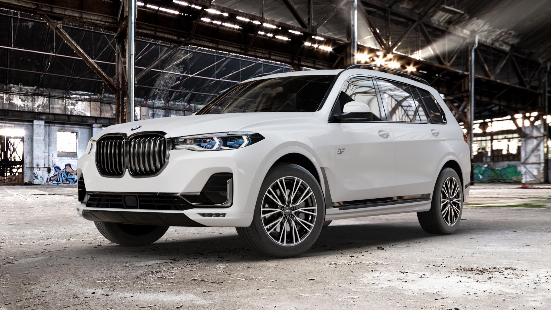 AEZ SEATTLE BLACK/POLISHED Felge mit Reifen schwarz in 20Zoll Winterfelge Alufelge auf weissem BMW X7 Typ G07 (G7X) ⬇️ mit 15mm Tieferlegung ⬇️ Old Industrial Hall_max_5300mm_2024 Frontansicht_1