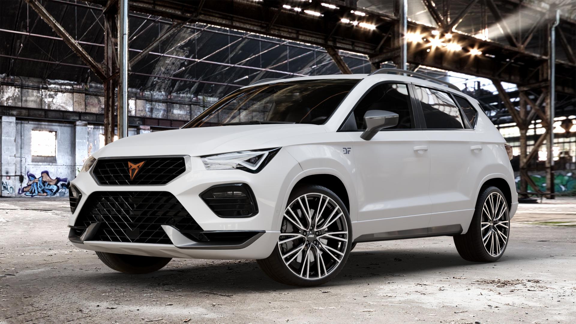 AEZ SEATTLE BLACK/POLISHED Felge mit Reifen schwarz in 20Zoll Winterfelge Alufelge auf weissem Cupra Ateca Typ 5FP Facelift ⬇️ mit 15mm Tieferlegung ⬇️ Old Industrial Hall_max_4400mm_2024 Frontansicht_1