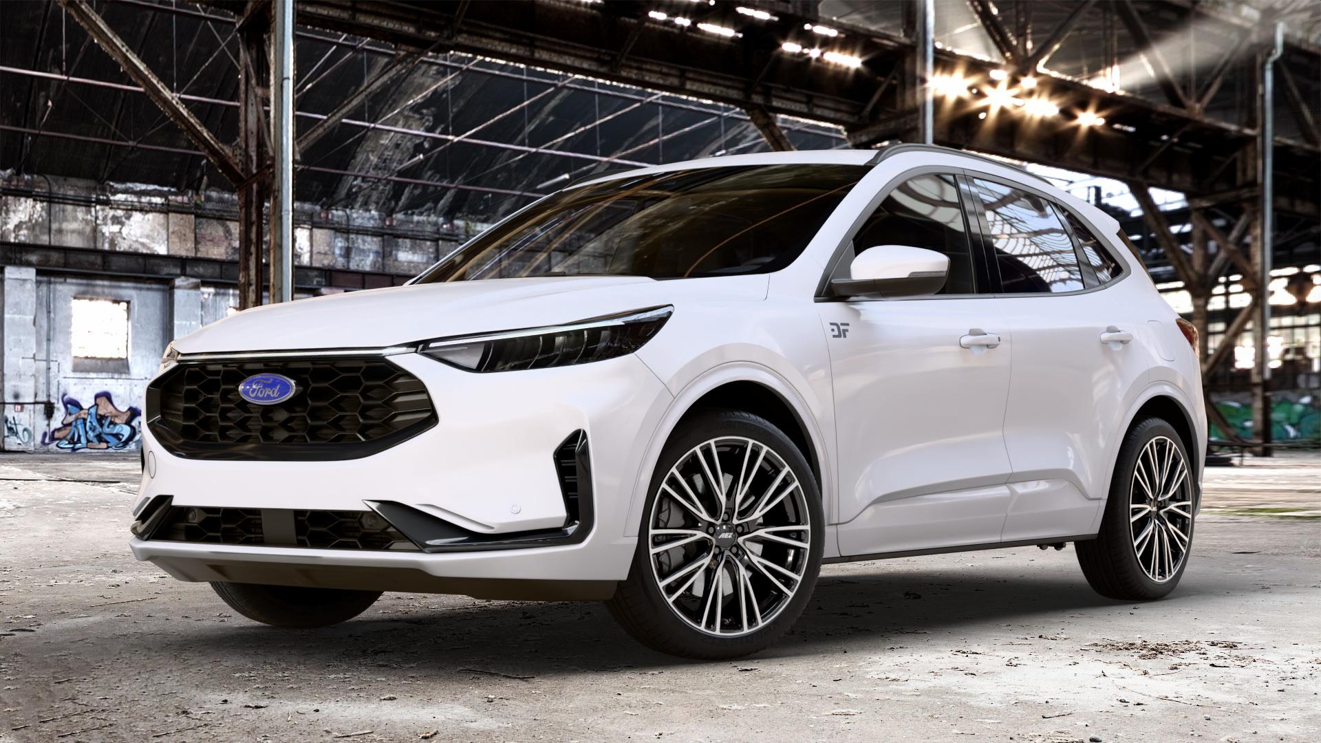 AEZ SEATTLE BLACK/POLISHED Felge mit Reifen schwarz in 20Zoll Winterfelge Alufelge auf weissem Ford Kuga III Typ DFK Facelift ⬇️ mit 15mm Tieferlegung ⬇️ Old Industrial Hall_max_4400mm_2024 Frontansicht_1