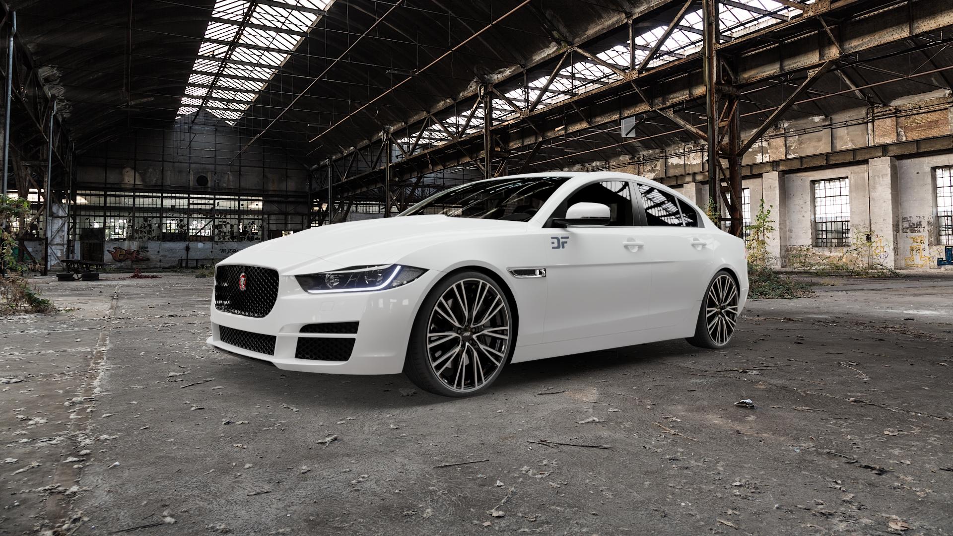 AEZ SEATTLE BLACK/POLISHED Felge mit Reifen schwarz in 20Zoll Winterfelge Alufelge auf weissem Jaguar XE Typ JA ⬇️ mit 15mm Tieferlegung ⬇️ Old Industrial Hall_max5000mm_2022 Frontansicht_1