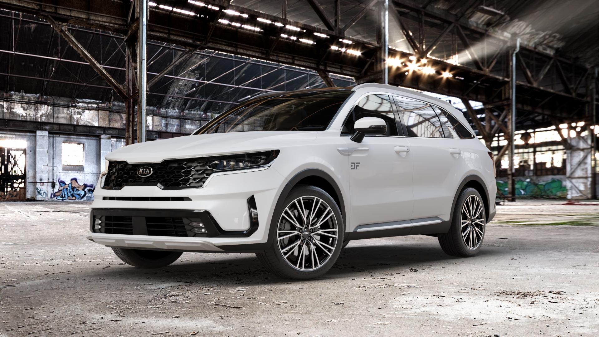 AEZ SEATTLE BLACK/POLISHED Felge mit Reifen schwarz in 20Zoll Winterfelge Alufelge auf weissem Kia Sorento IV Typ MQ4 ⬇️ mit 15mm Tieferlegung ⬇️ Old Industrial Hall_max_5300mm_2024 Frontansicht_1