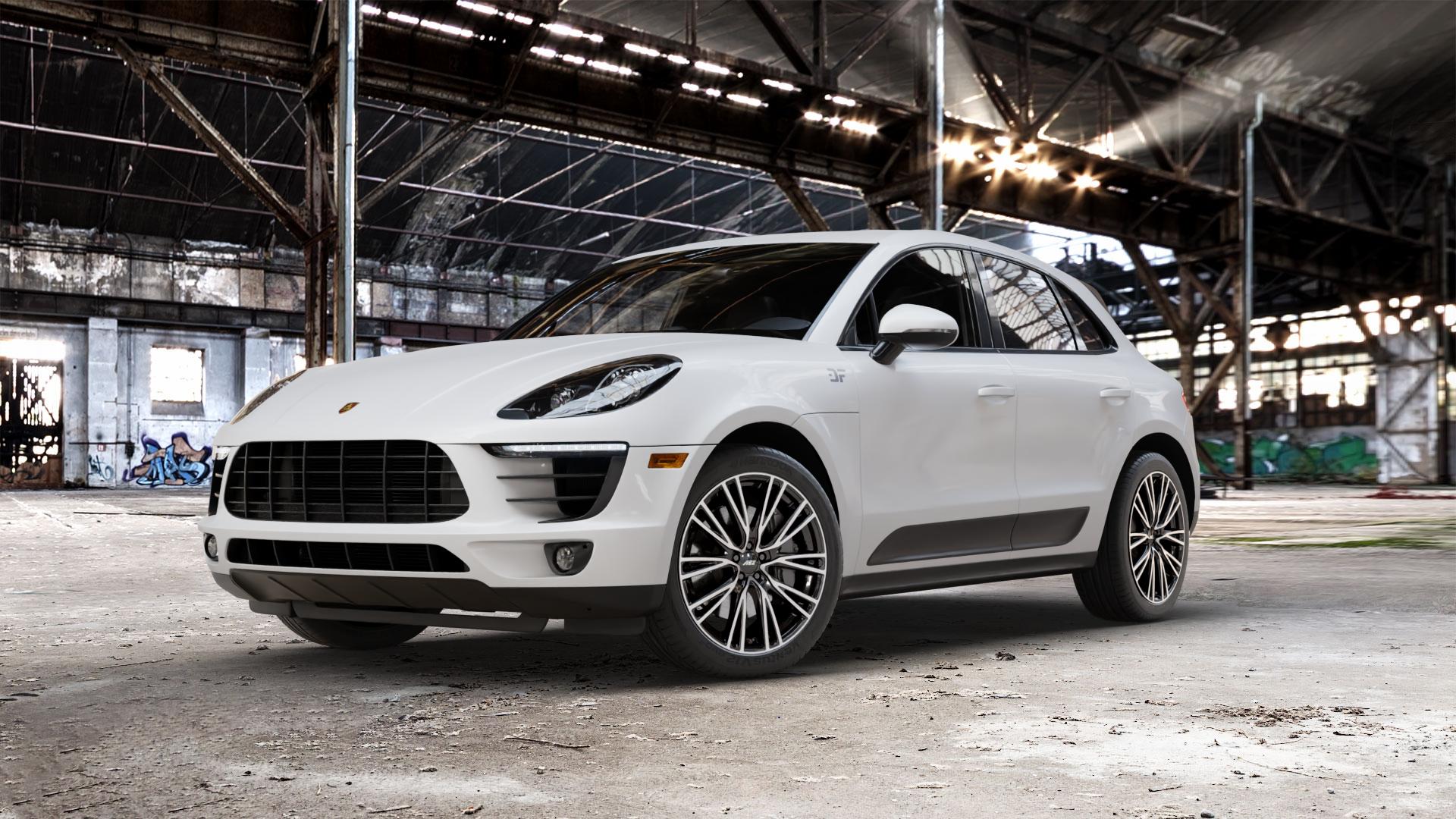 AEZ SEATTLE BLACK/POLISHED Felge mit Reifen schwarz in 20Zoll Winterfelge Alufelge auf weissem Porsche Macan Typ 95B ⬇️ mit 15mm Tieferlegung ⬇️ Old Industrial Hall_max_5300mm_2024 Frontansicht_1