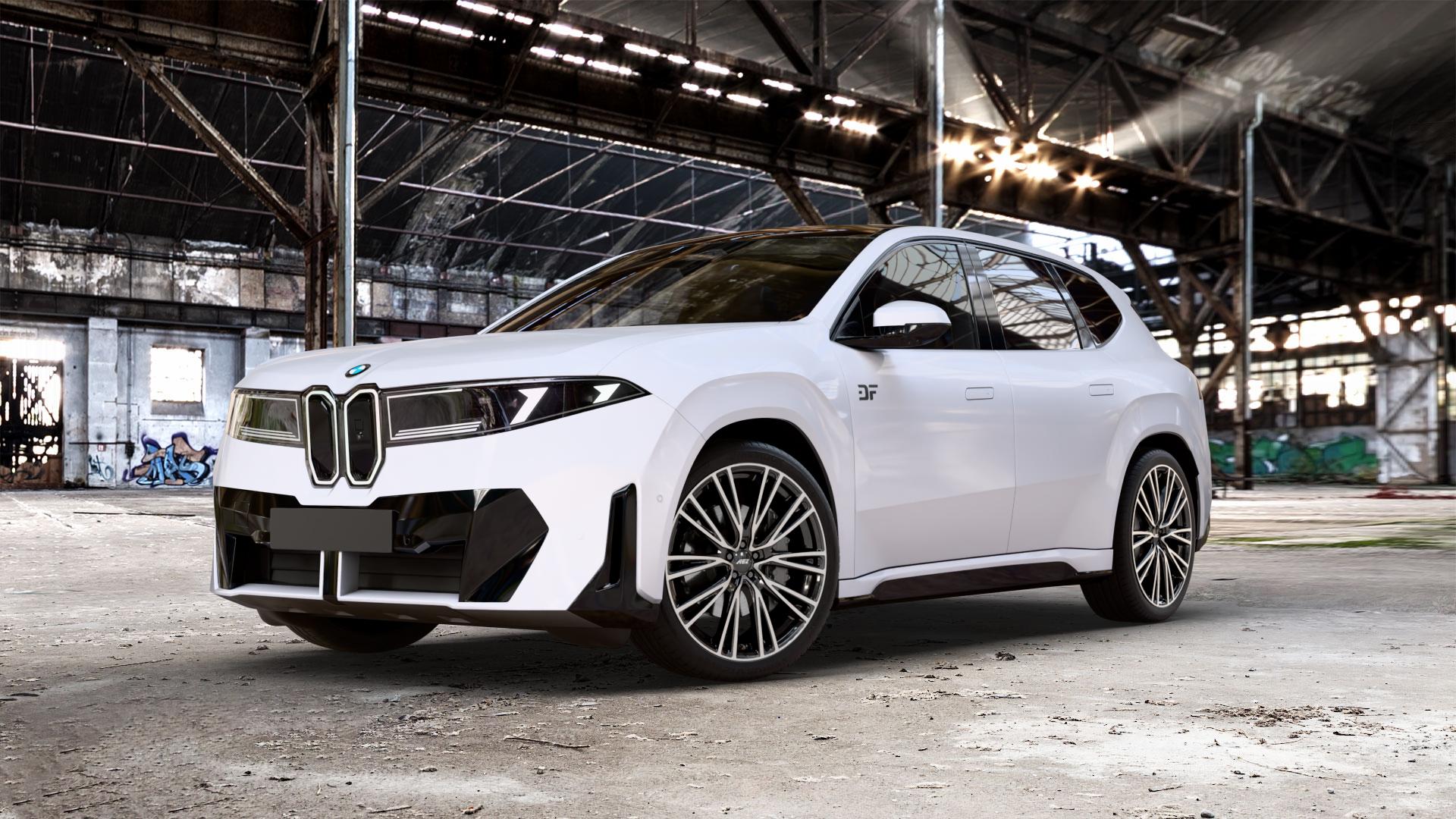 AEZ SEATTLE BLACK/POLISHED Felge mit Reifen schwarz in 22Zoll Winterfelge Alufelge auf Weiss Uni BMW iX3 (N-XA) ⬇️ mit 15mm Tieferlegung ⬇️ Old Industrial Hall_max_5300mm_2024 Frontansicht_1