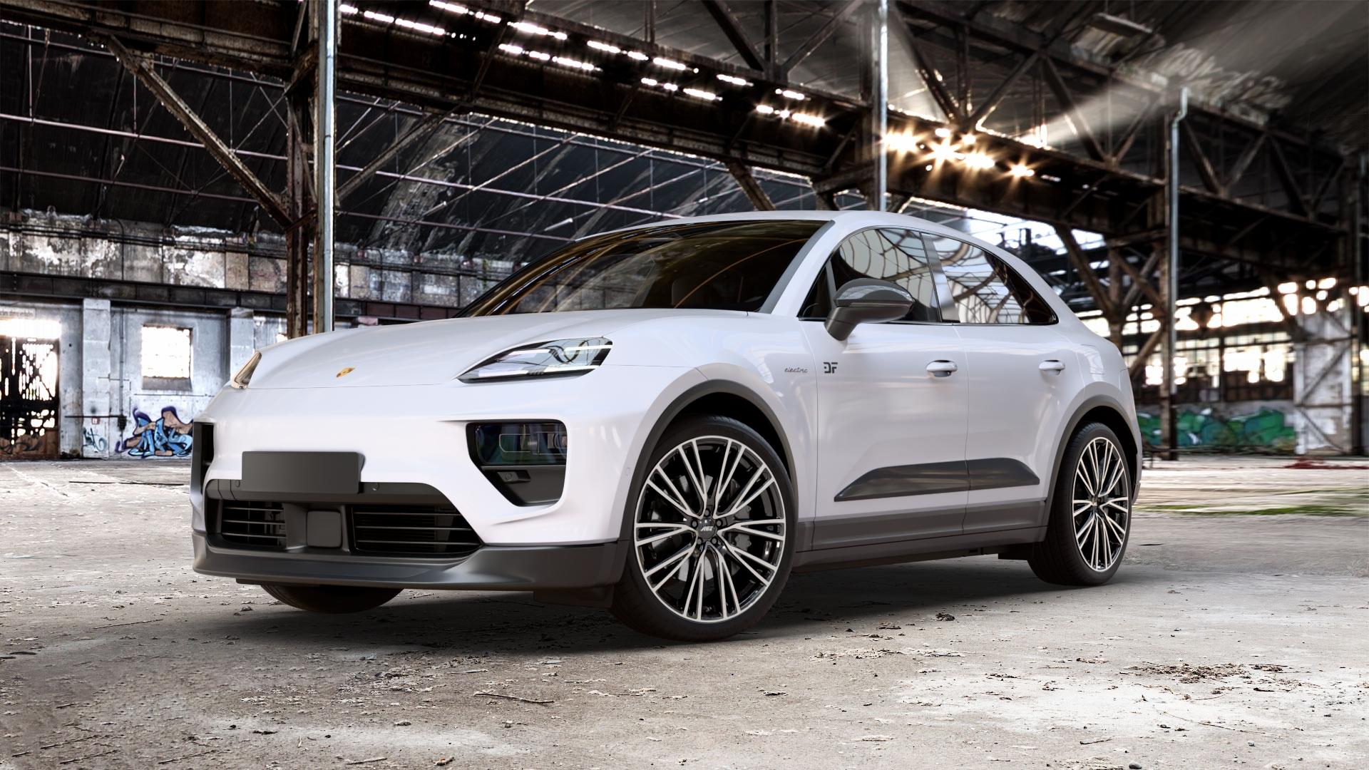 AEZ SEATTLE BLACK/POLISHED Felge mit Reifen schwarz in 22Zoll Winterfelge Alufelge auf Weiss Uni Porsche Macan Typ XA ⬇️ mit 15mm Tieferlegung ⬇️ Old Industrial Hall_max_5300mm_2024 Frontansicht_1