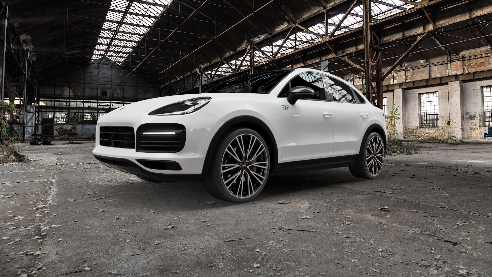AEZ SEATTLE BLACK/POLISHED Felge mit Reifen schwarz in 22Zoll Winterfelge Alufelge auf weissem Porsche Cayenne III Coupe Typ 9YA ⬇️ mit 15mm Tieferlegung ⬇️ Old Industrial Hall_max5000mm_2022 Frontansicht_1