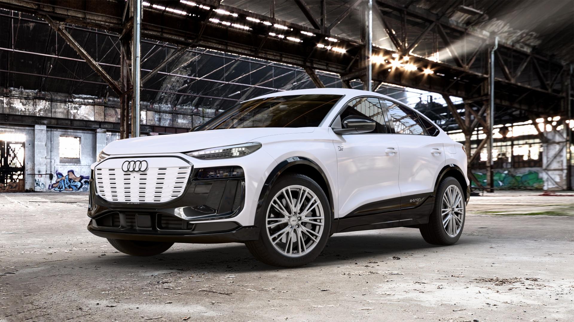 AEZ SEATTLE SILVER Felge mit Reifen silber in 20Zoll Winterfelge Alufelge auf weissem Audi Q6 Sportback Typ GF 0,0l e-tron 100kW (136 PS) performance 120kW (163 quattro SQ6 ⬇️ mit 15mm Tieferlegung ⬇️ Old Industrial Hall_max_5300mm_2024 Frontansicht_1